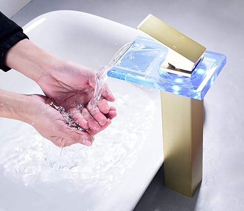Miniatura 4 de Grifo LED para lavabo de baño, grifo de fregadero de recipiente alto, cascada de una sola manija, 1 agujero y 2 líneas de suministro de agua, grifo