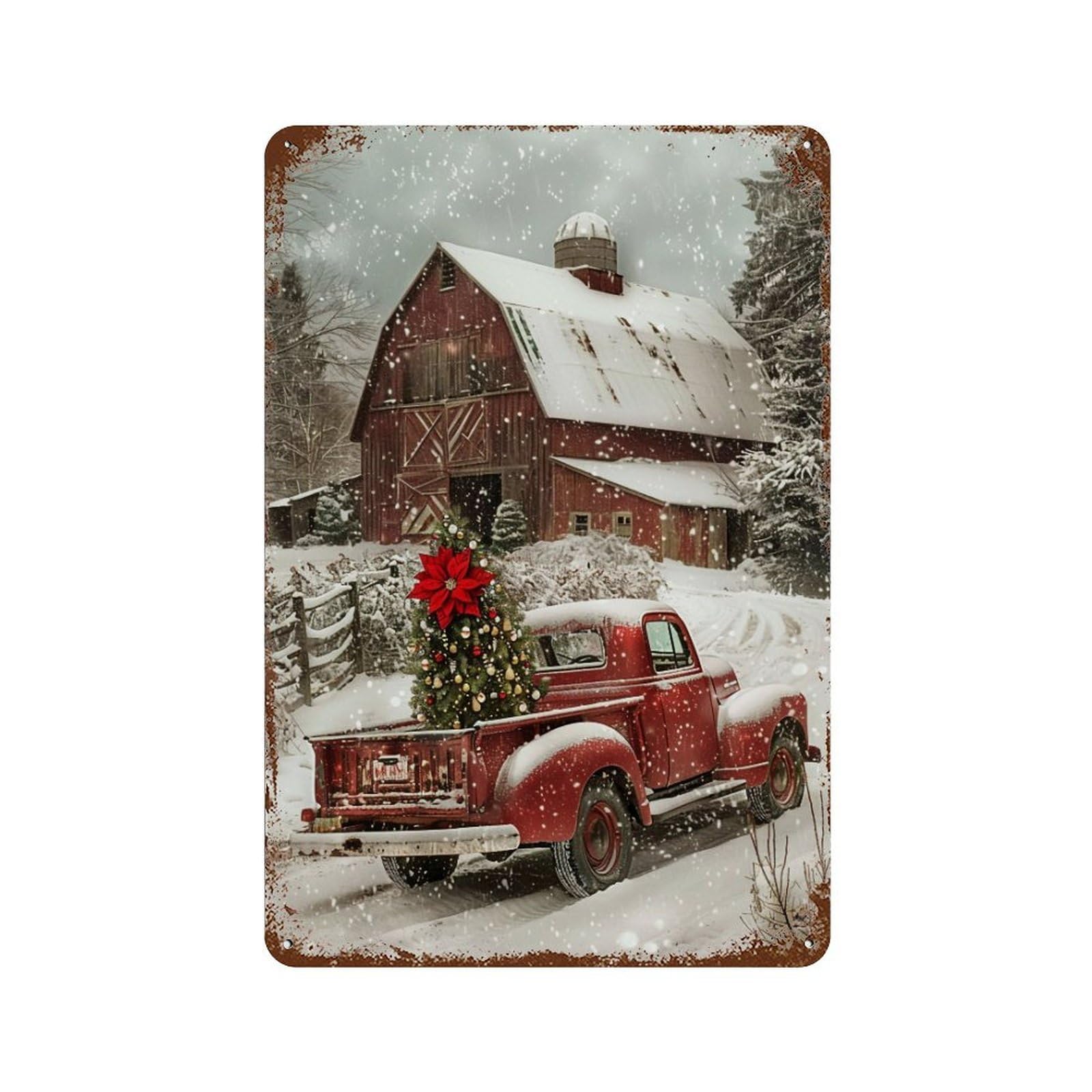 HDURYEYRYY Red Pickup Christmas Farm 03 Wall Retro Iron Vintage Art Metal Tin Sign Poster Modern Home Cofffee Club Art Bar Shop Decor Style 30x20cm