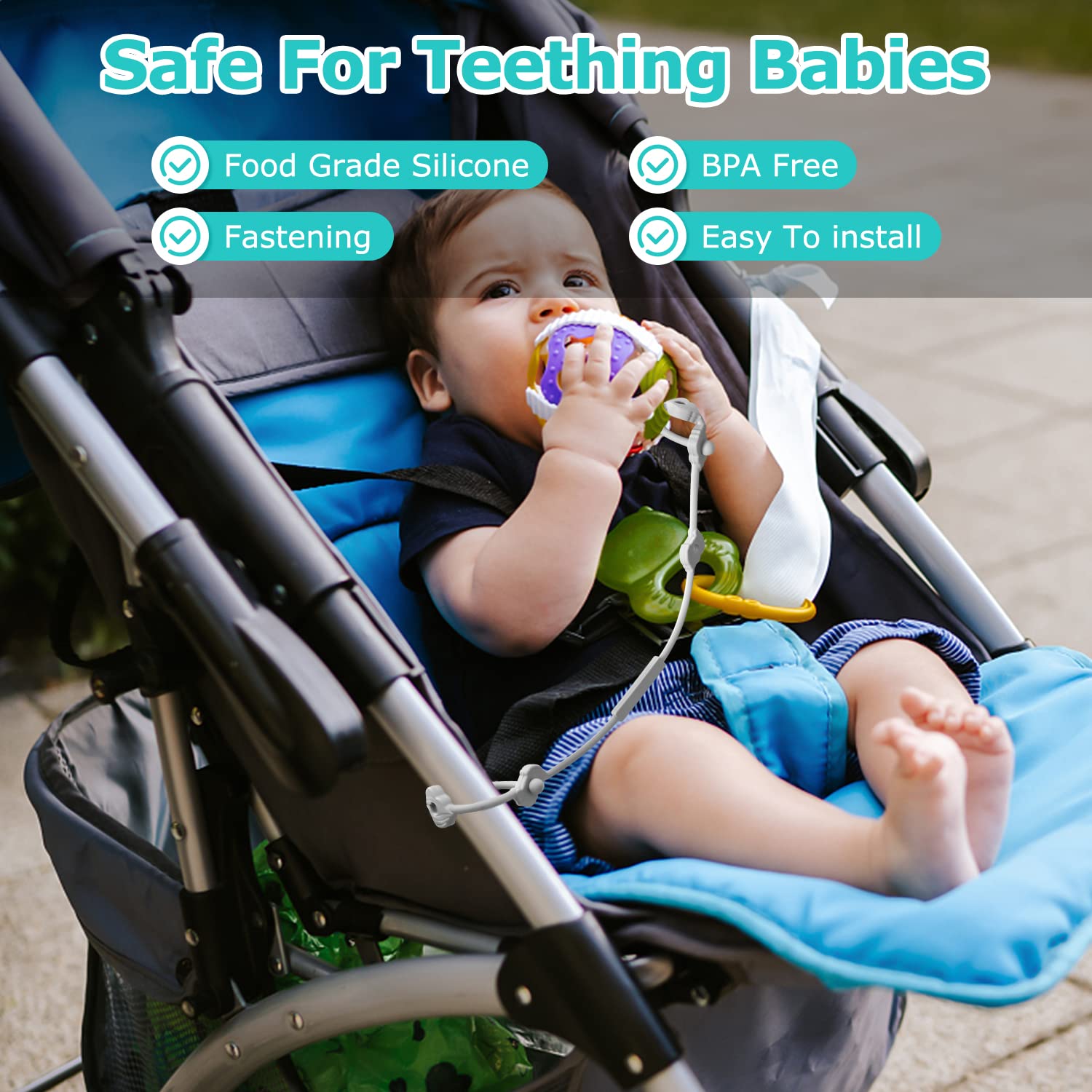 Set di 4 cinture di sicurezza per giocattoli, in silicone Pacifier, per snack, con cinghie, per passeggino, seggiolone, culla, ragazzi e ragazze di 3 mesi