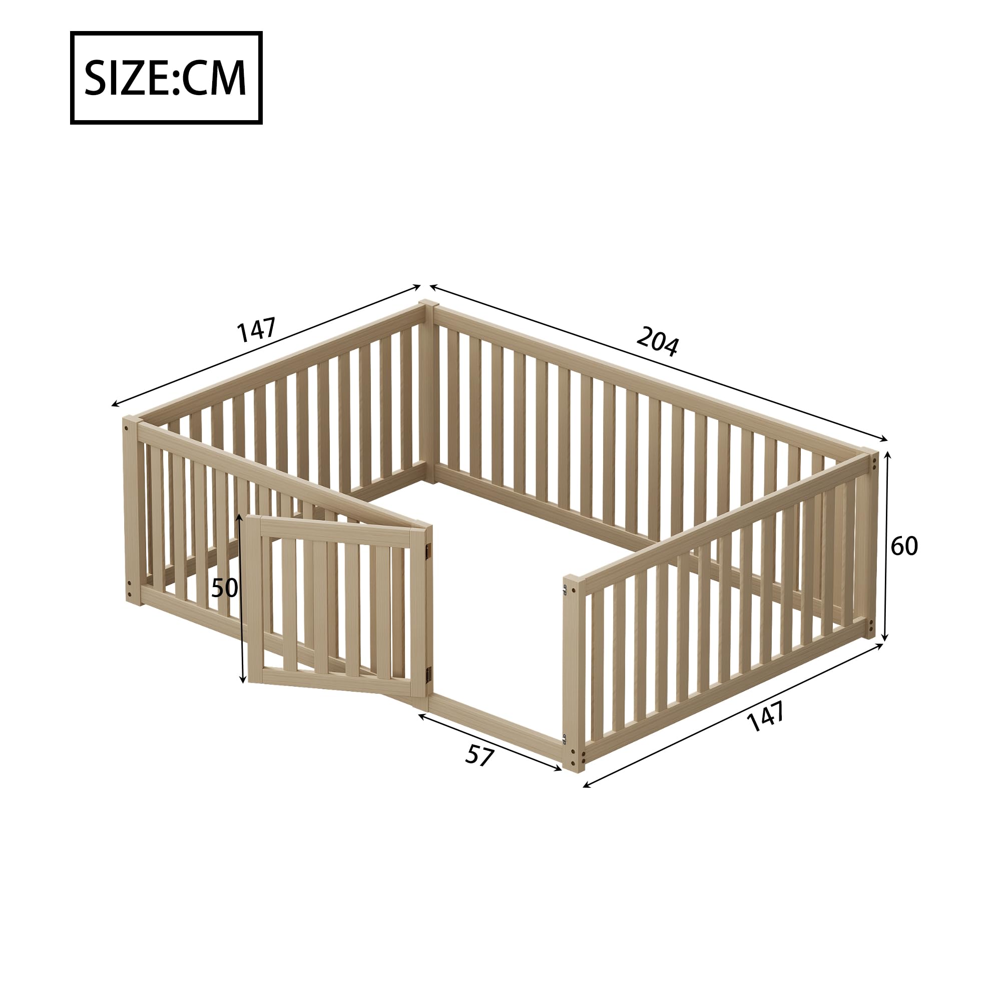 Zepneiy Lit Enfant 140 x 200 cm, Cadre de lit au Sol en Bois Massif, lit Enfant avec clôture et Porte, Coloris Naturel