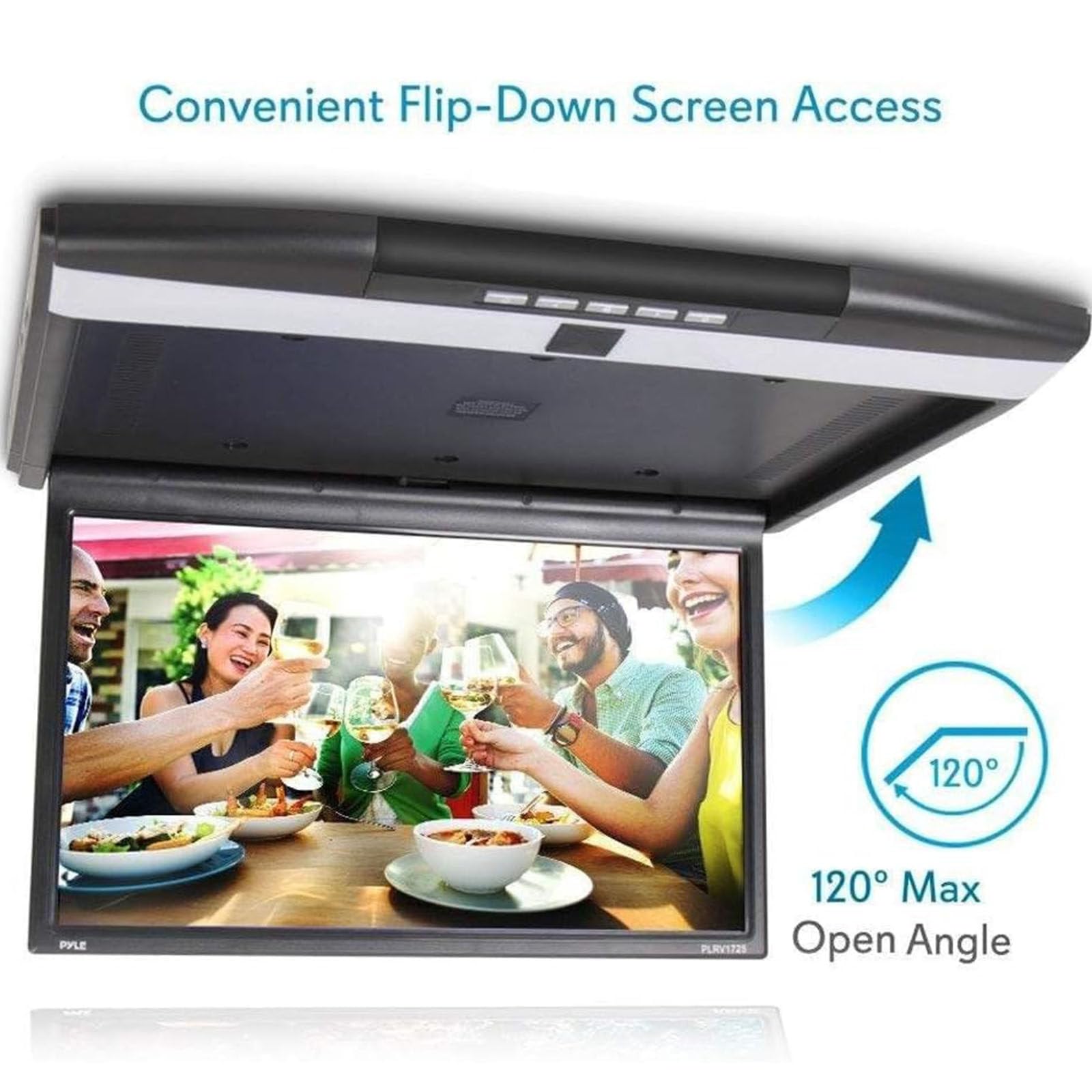 Monitor abatible de 17,3 pulgadas y 1080P para techo de coche, reproductor de techo para coche, TV con puerto HDMI, USB, SD, IR, FM, pantalla TFT digital ultrafina de 16:9.,Black
