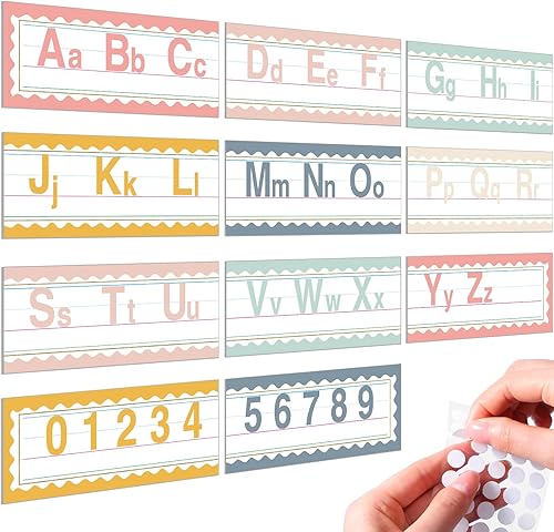 Janlaugh 11 tablones de anuncios del alfabeto, alfabeto ABC número 0-9, tiras de pared para aula, decoración de pared con 50 puntos adhesivos para