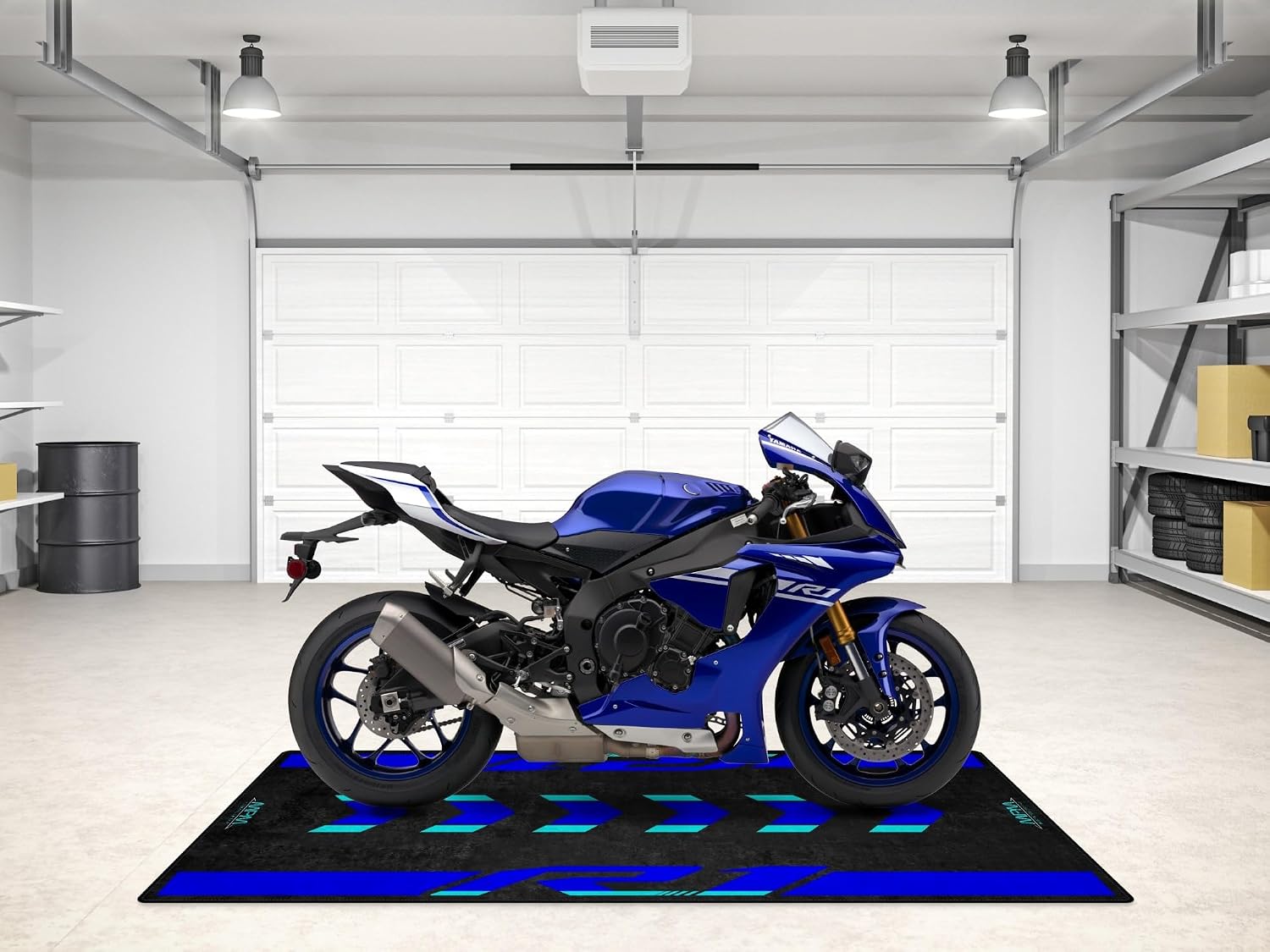 Parking Mat for Yamaha R1 Motorcycle Models Display and Pit Mat, Washable Non-Slip Garage and Showroom Floor Carpet (Icon Blue, Size 1: 86.6 x 39.4/220 x 100 cm)