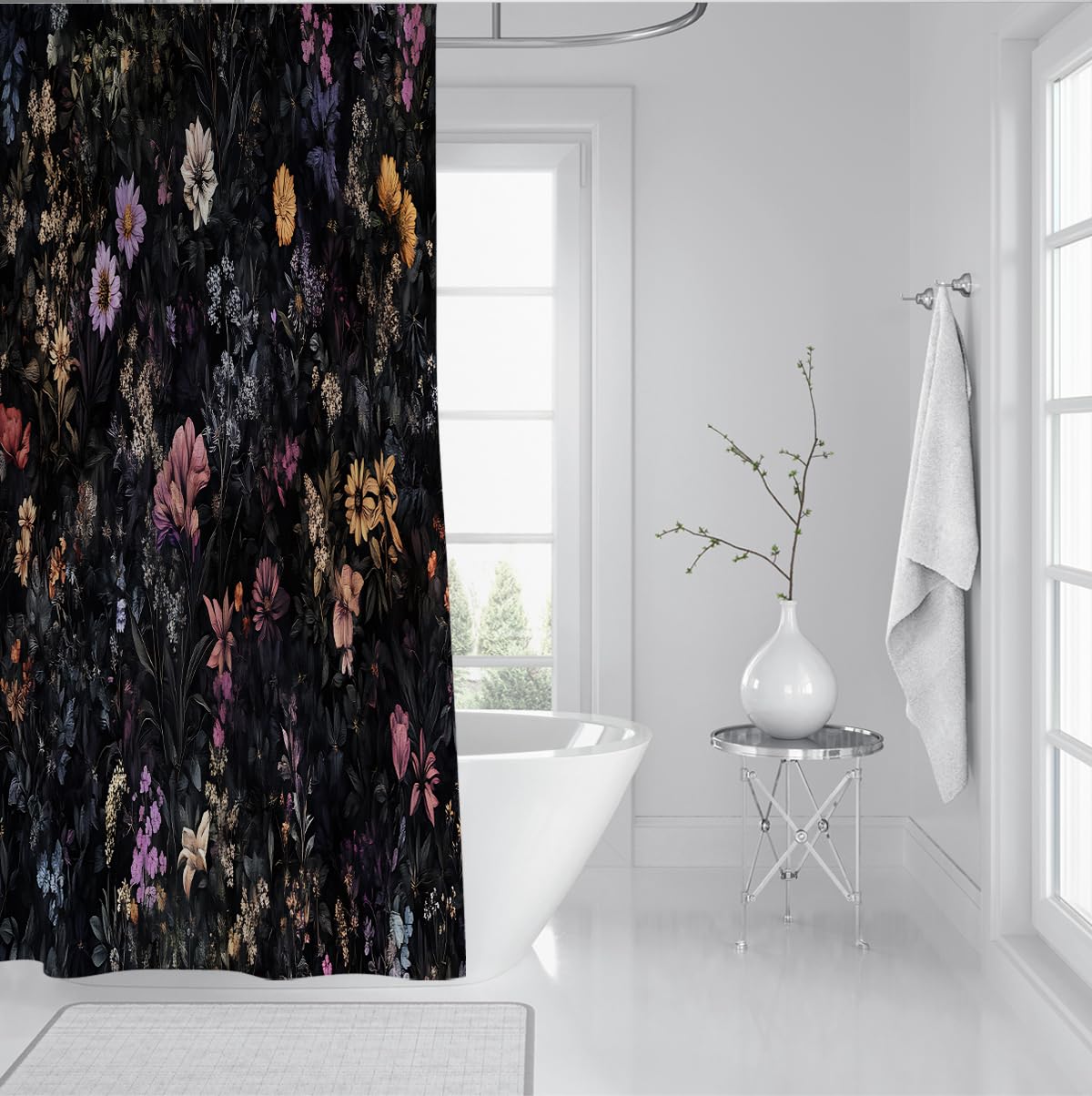 Rideau douche botanique noir déco salle de bain vintage W180xL180 cm