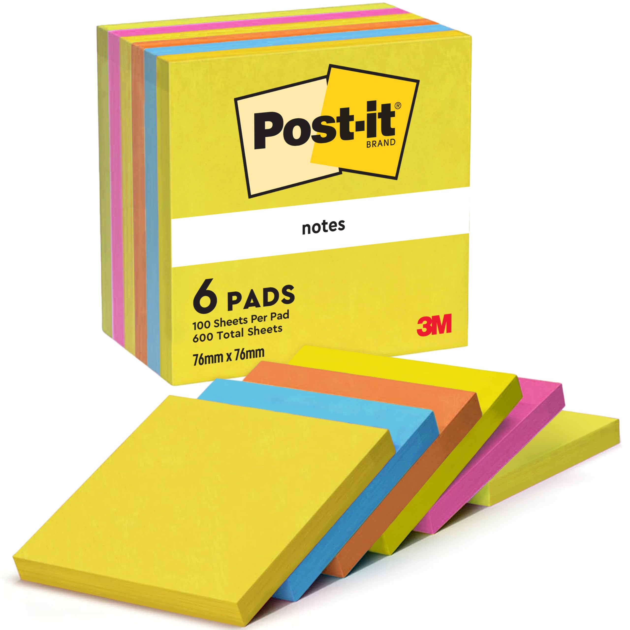Post-it Notes, 600 Sheets, 6 Pads, 76 mm x 76 mm, Yellow, Blue, Orange, Pink, Green - Sticky Notes for Walls, Monitors and Fridge