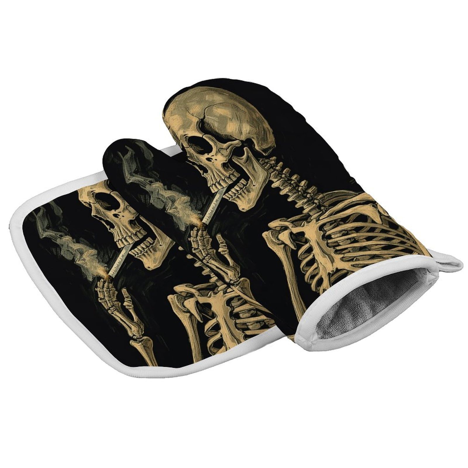 Fodpand Style A Skeleton With Burning Cigarette Oven Mitt Set With Lanyard, Cooking Mitt, Protective Thermal Insulation,Kitchen Mitt For Baking, Cooking, Grilling, Microwave