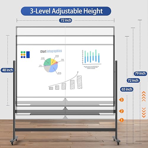 Miniatura 2 de Pizarra blanca magnética grande de 72 x 48 pulgadas, pizarra de borrado en seco de doble cara con soporte y ruedas, pizarra blanca móvil para el