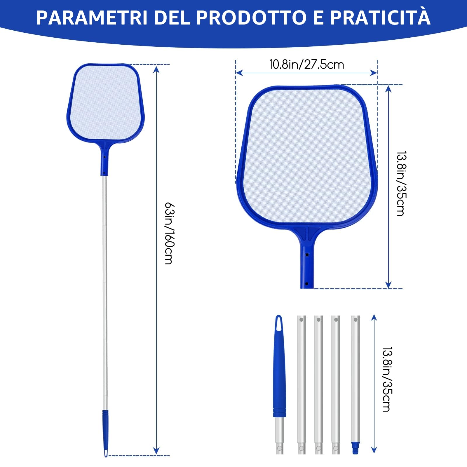 Retino Piscina, Rete a Maglia Fine dello Skimmer per Foglie con Asta Telescopica per Pulizia, Spa, Stagni