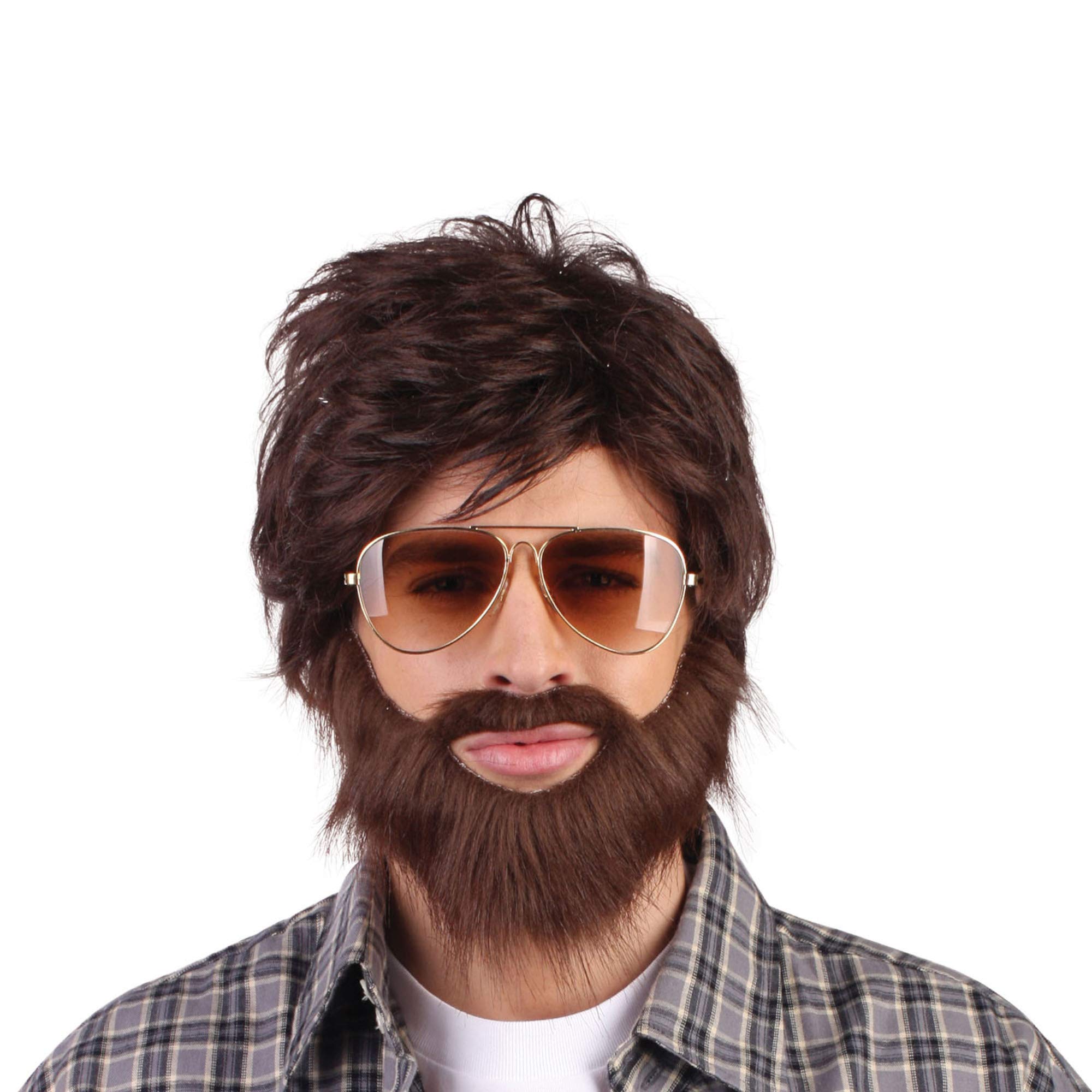 Mens Brown Hangover Wig Beard Moustache Kit Film Stag Do Party Fancy Dress Costume Outfit Accessory