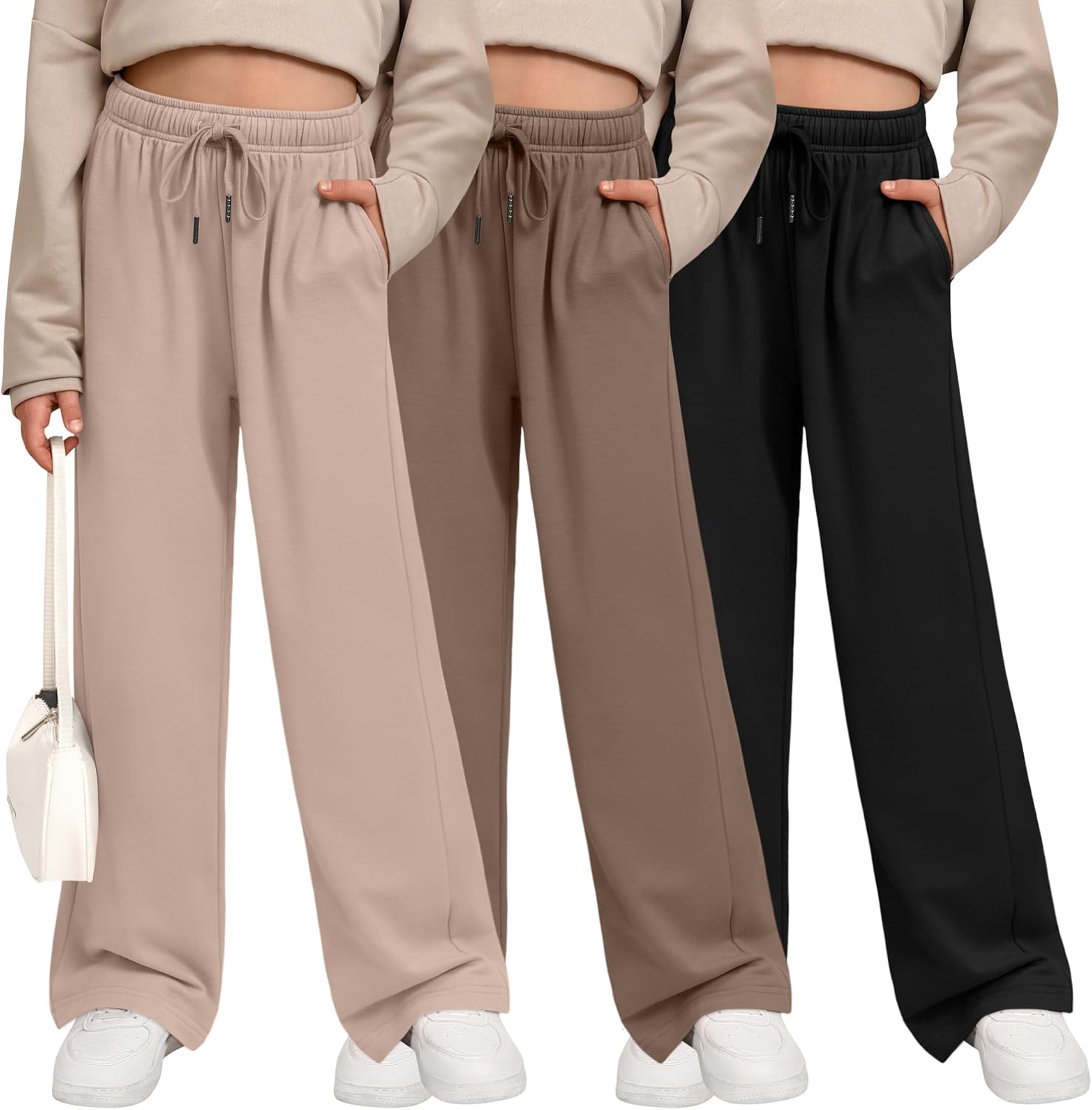 3 Pack Girls' Sweatpants Wide Leg Drawstring Casual Kids Joggers Open Bottom Loose Solid Teen Pants with Pockets(Apricot, Dark Khaki, Black,XX-Large)