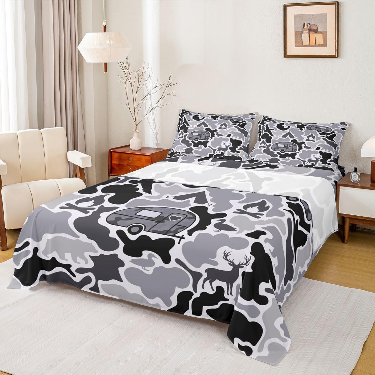 Feelyou Camo Camper Bed Sheets Set Full Size Bear Deer Duck Bed Set for Kids Boys Girls Black Grey Camouflage Camping Deep Pocket Fitted Sheet Military Style Breathable Soft Lightweight Trailer Camp