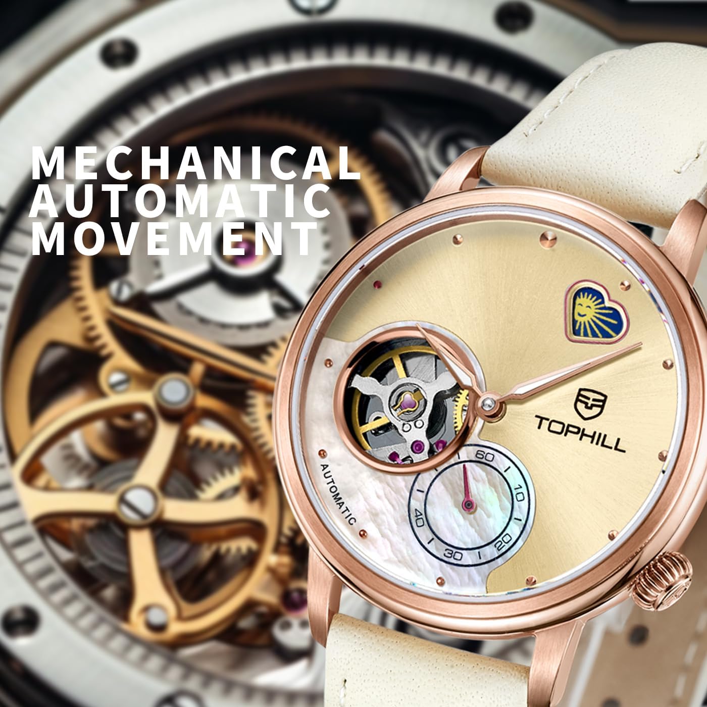 TOPHILL Womens Watch Automatic,Elegant Leather Watch,Sapphire Crystal,Day& Night Display,Skeleton Mechanical Ladies Watches, Casual Dress Watches for Women