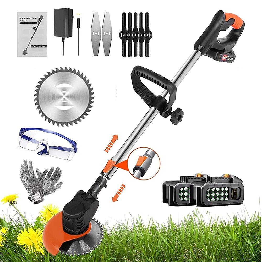 Cortadora de Césped Eléctrica Inalámbrica de 1300 W, Cortadora de Césped, Con Batería de Litio de 36 V, Cargador, Cuchillas de Repuesto, Mango Telescópico para Exteriores Jardines