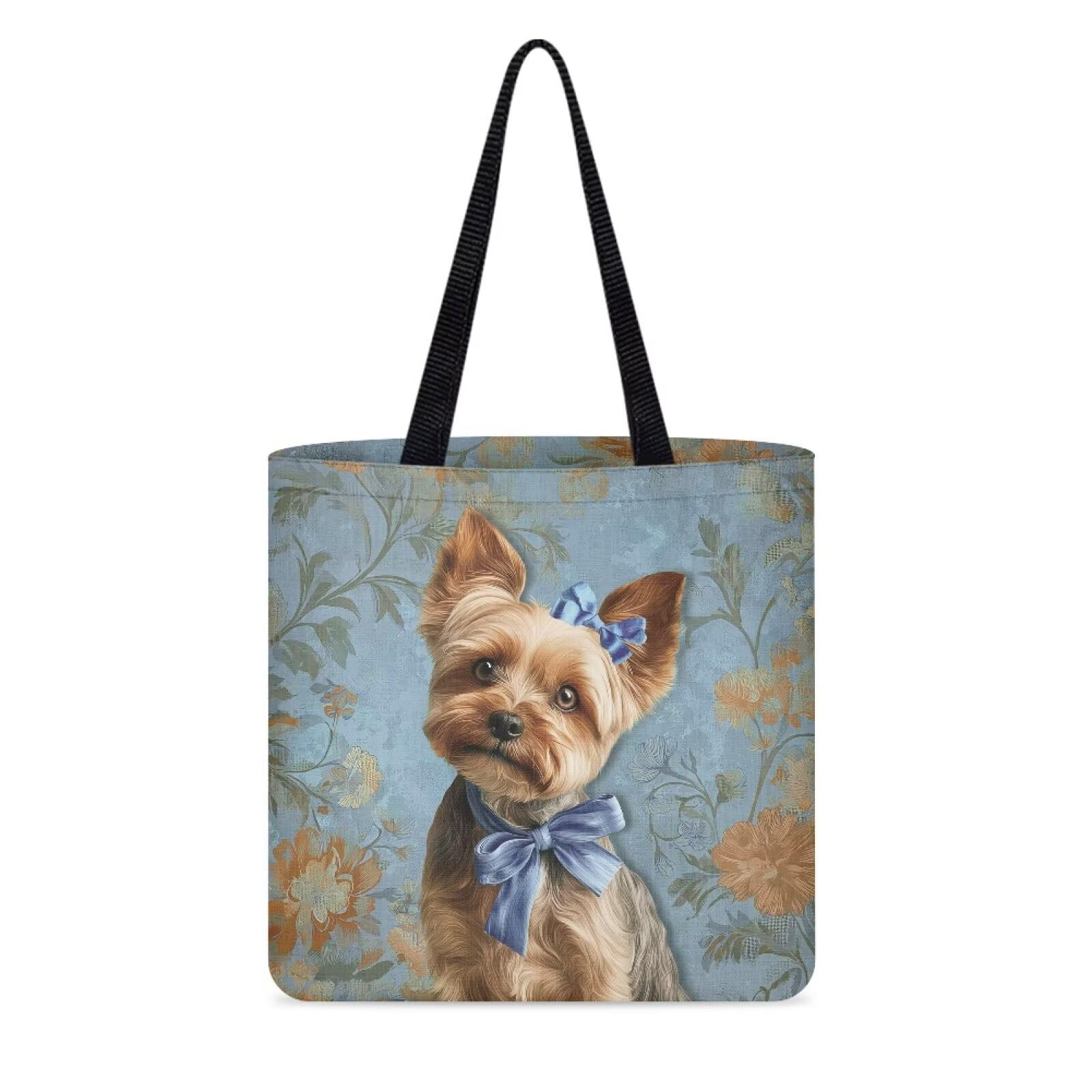 Wanyint Yorkshire Terrier Floral Shopping Bag Reusable Dog Print Canvas Tote Bag for Grils Women, School Cloth Bag Shopping Travel Grocery Bag with Inner Pocket for Daisy Use