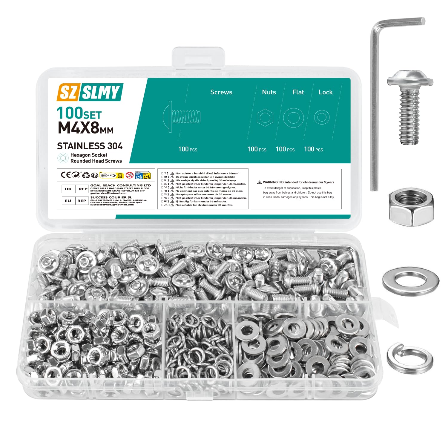 100 Set M4 Bolts Set, Flanged Button Head Screws, and Nuts Set, 304 Stainless Steel Allen Socket Bolts and Nuts Set, with 1 Hex Spanner Wrench (100, M4*8)
