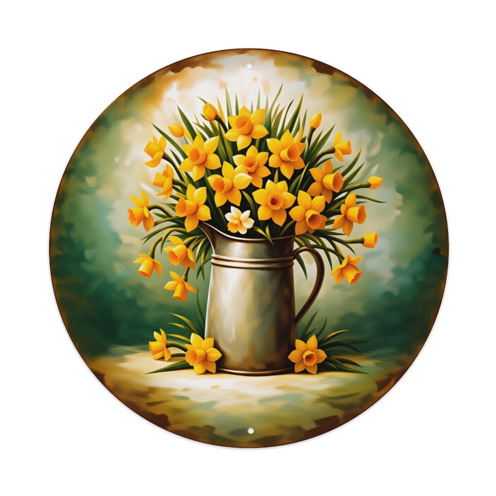 Lzwbntey Vintage Daffodils In Metal Jug Spring Scene Metal Tin Sign Retro Wall Decor For Home Bar Garage Cafe, Indoor & Outdoor Decorative，Circle Metal Poster, 8X8 Inch