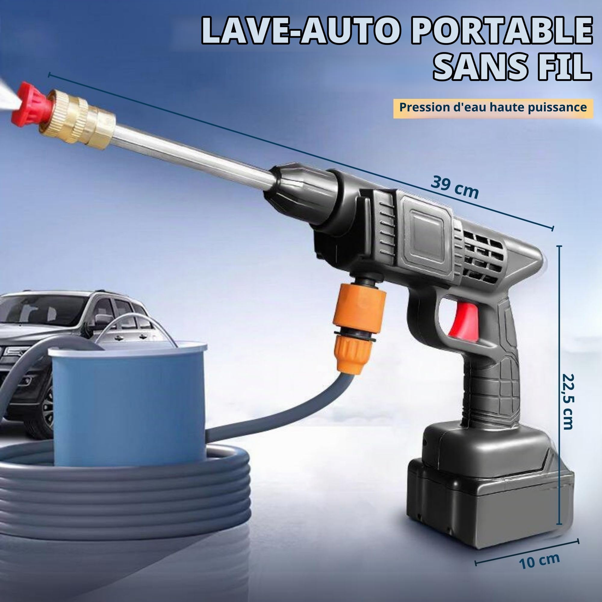 Nettoyeur Haute Pression. Pistolet Nettoyeur Haute Pression avec 2 Batteries 48V. Laveuse Électrique Portable sans Fil 35 Bars / 500PSI / 1500mAh / 300W. Rechargeable avec Accessoires.