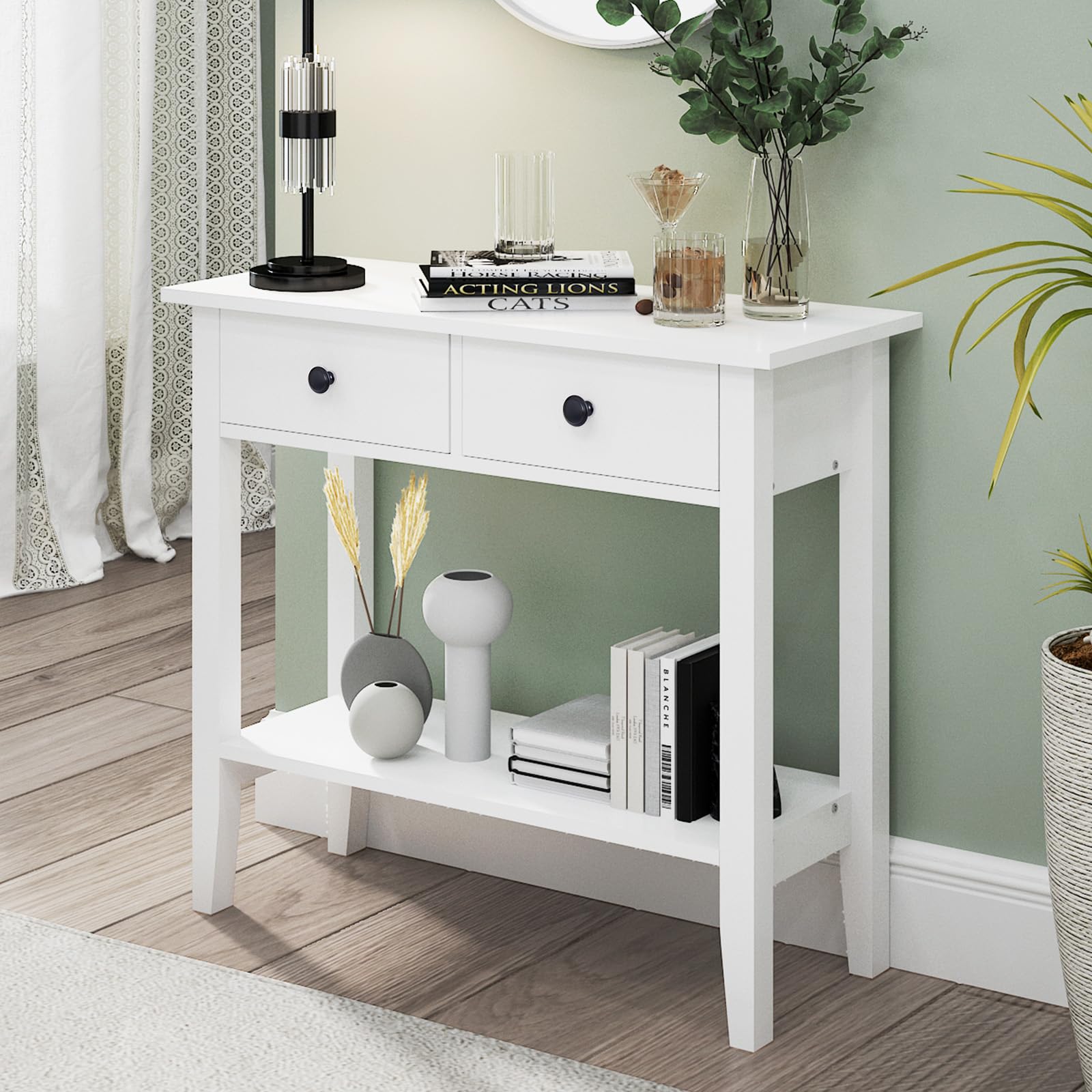 soges Konsolentisch Couchtisch Beistelltisch Sideboard mit 2 Schubladen, Eingangstisch, weiß, für Eingangsbereich, Wohnzimmer, 80 x 34 x 71,5 cm