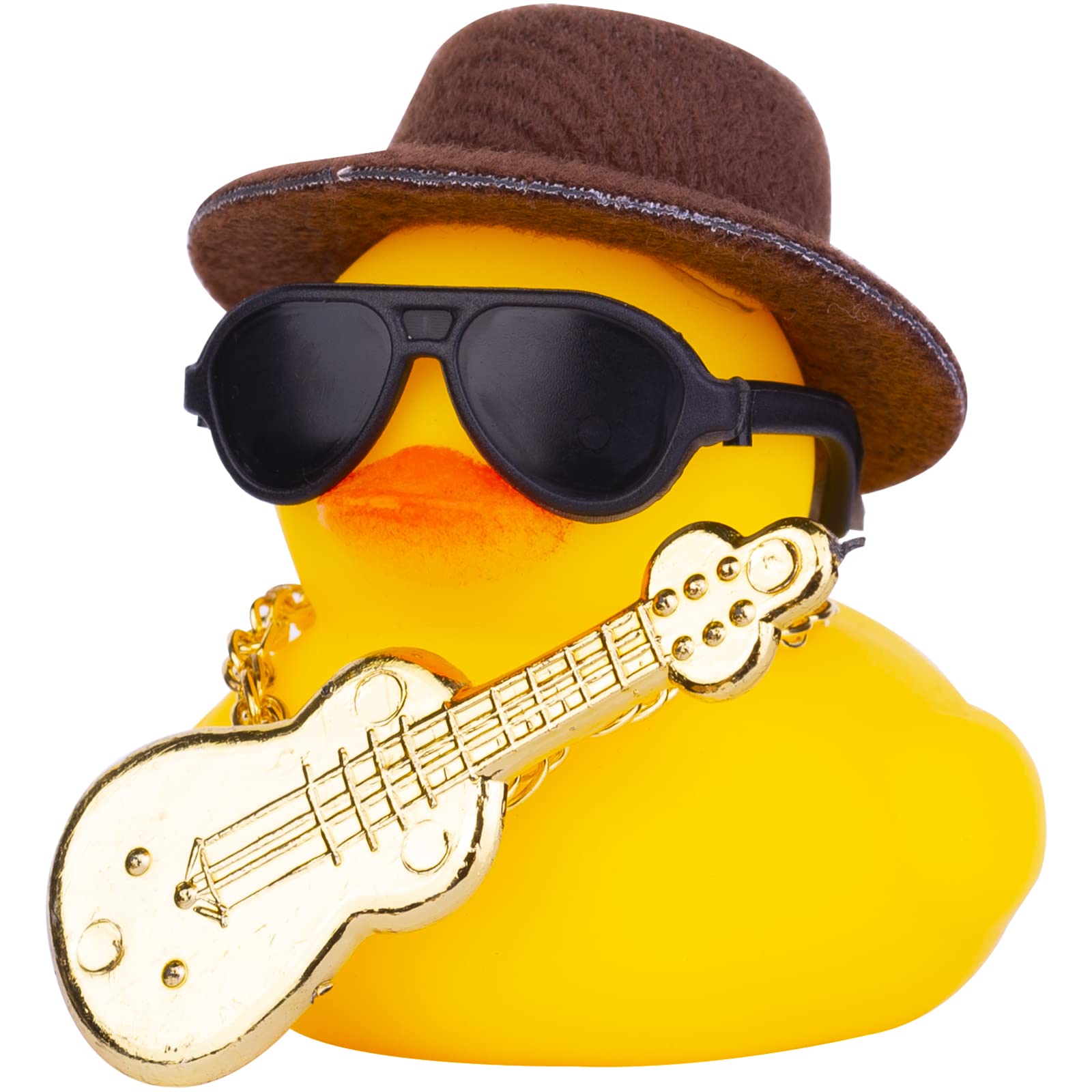 Car Rubber Duck Ornaments Yellow Duck Car Dashboard Decorations with Mini Top Hat Guitar Sunglasses Necklace(G1)