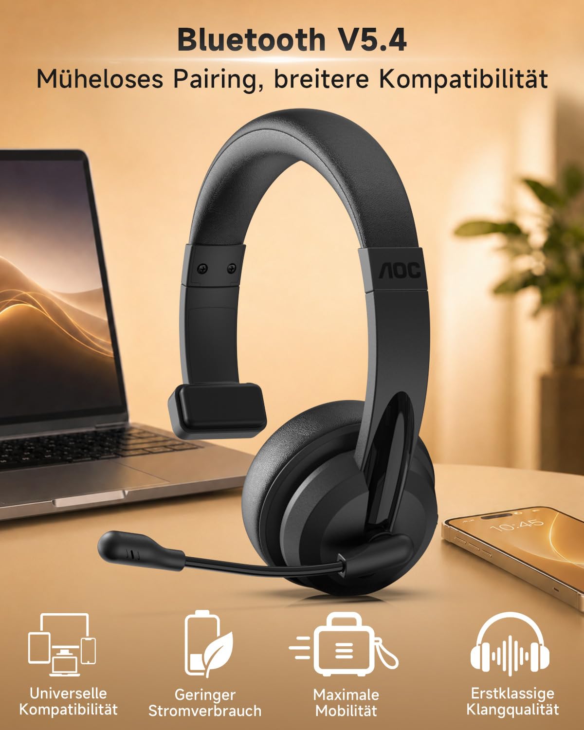 AOC 3-in-1 Bluetooth Headset mit Mikrofon Mono Headset Kabellos 2.4G Dongle | Bluetooth Headset mit AI ENC Geräuschunterdrückung, 45H Akku PC Headset für LKW-Fahrer, Home-Office, Call Center