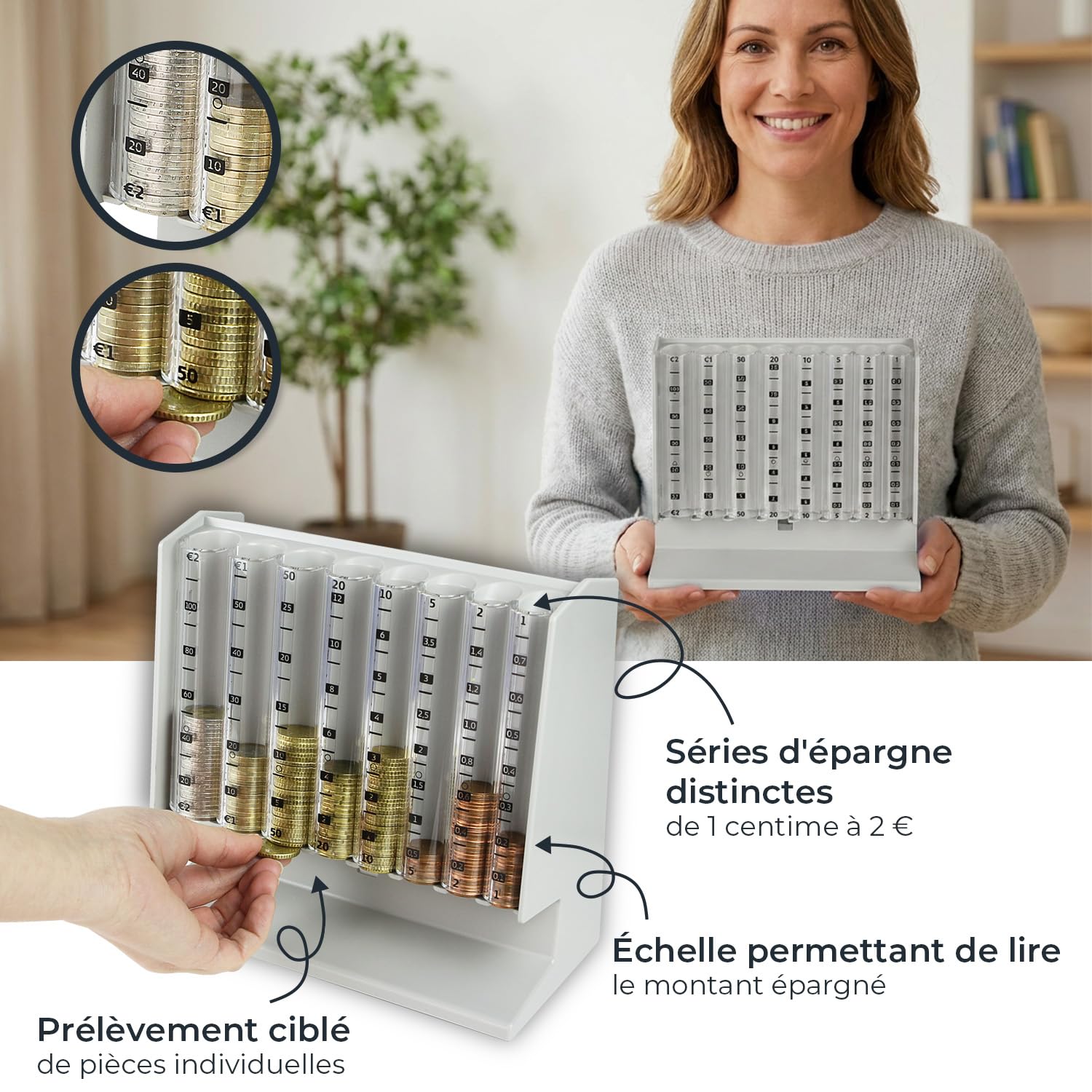 HMF Compteur de pièces pour tri et rangement de la monnaie, trieur de pièces transparent avec échelle des valeurs, tirelire pour enfants | 21 x 19,5 x 10 cm | Gris clair