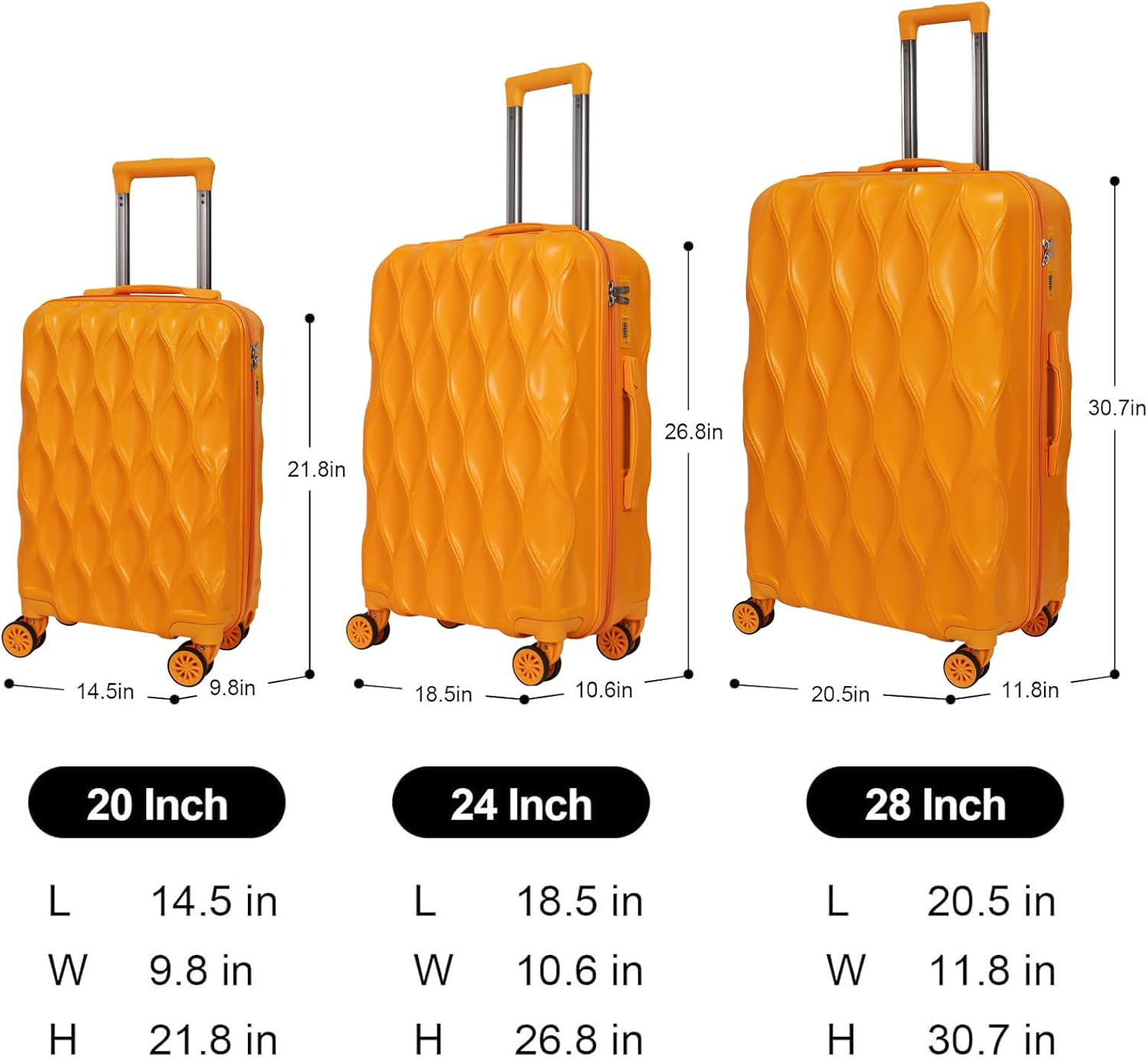 3 piece luggage set hard shell luggage lightweight luggage long vacation luggage set with 8 wheels Spinner Suitcases Suitcase Set Made of ABS+PC (Small, Medium & Large) (Black)