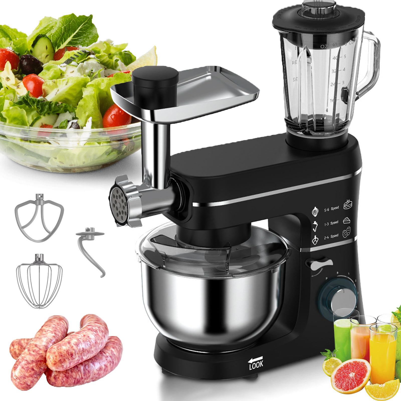 10L Batidora amasadora multifunción,5 en 1,Incluye Gancho amasador, Gancho Mezclador y batidor,Intercambiable, 6 Niveles de Velocidad,1400W,Pare Pasta,Pizza,moler Carne,Salchichas Black