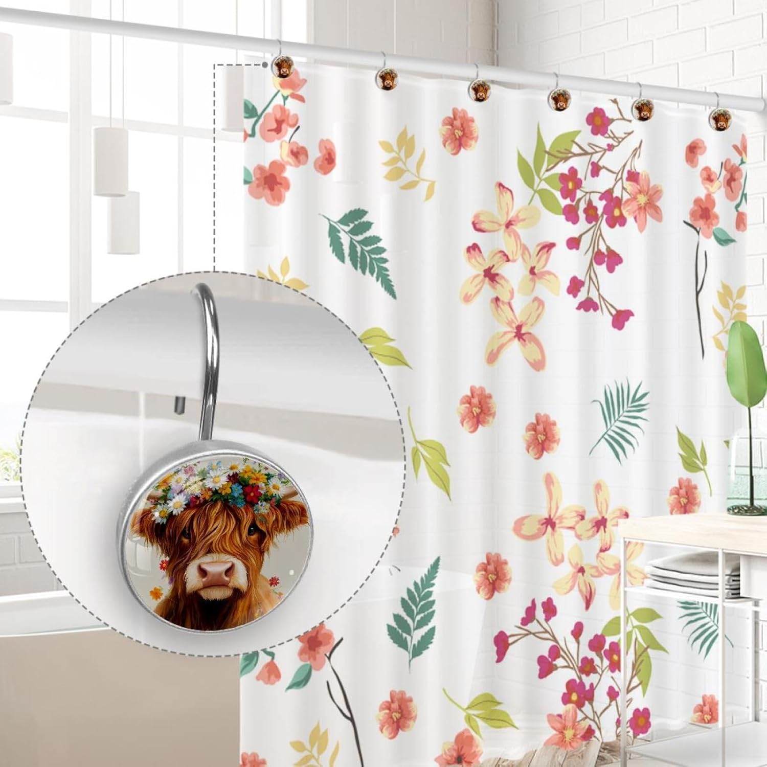 12PCS Highland Cow Daisy Shower Curtain Hooks, Rustproof Stainless Steel Shower Curtain Rings for Bathroom Bedroom Home Decor