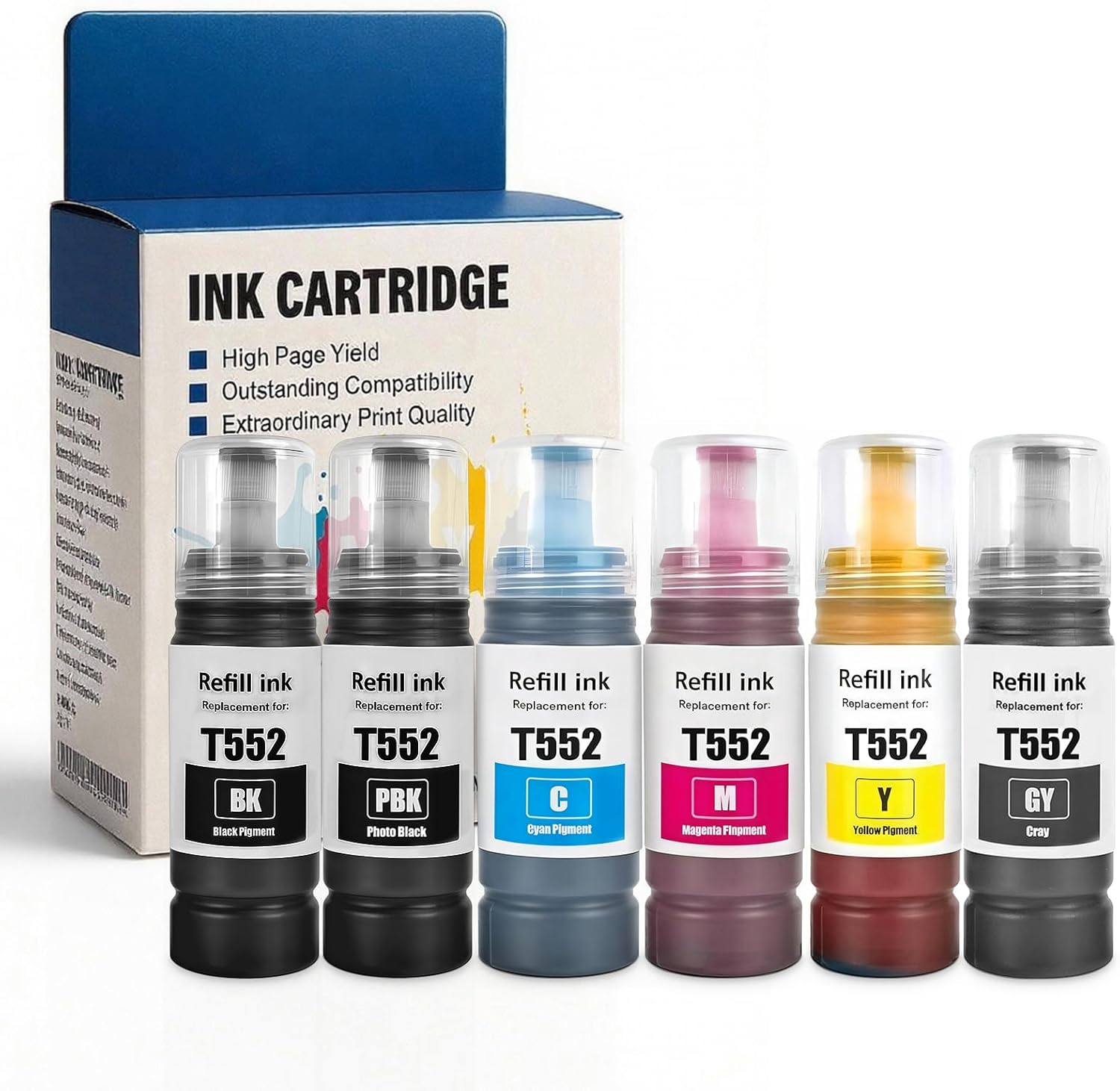 T552 Sublimation Ink Refill Bottles Compatible for ET-8550 ET-8500 ET8550 ET8500 ET 8550 ET 8500 Printer Ink Cartridges, 6-Pack (Black, Photo Black, Cyan, Magenta, Yellow, Gray)