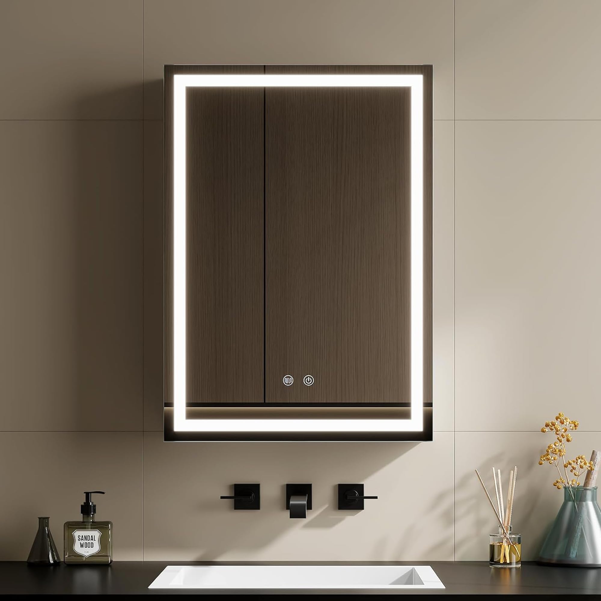 Warmiehomy Bathroom Mirror Cabinet with Lights,50x70cm 3-color Dimmable LED Illuminated Bathroom Mirror Cabinets with Shaver Socker Defogger Touch Switch,White Frame