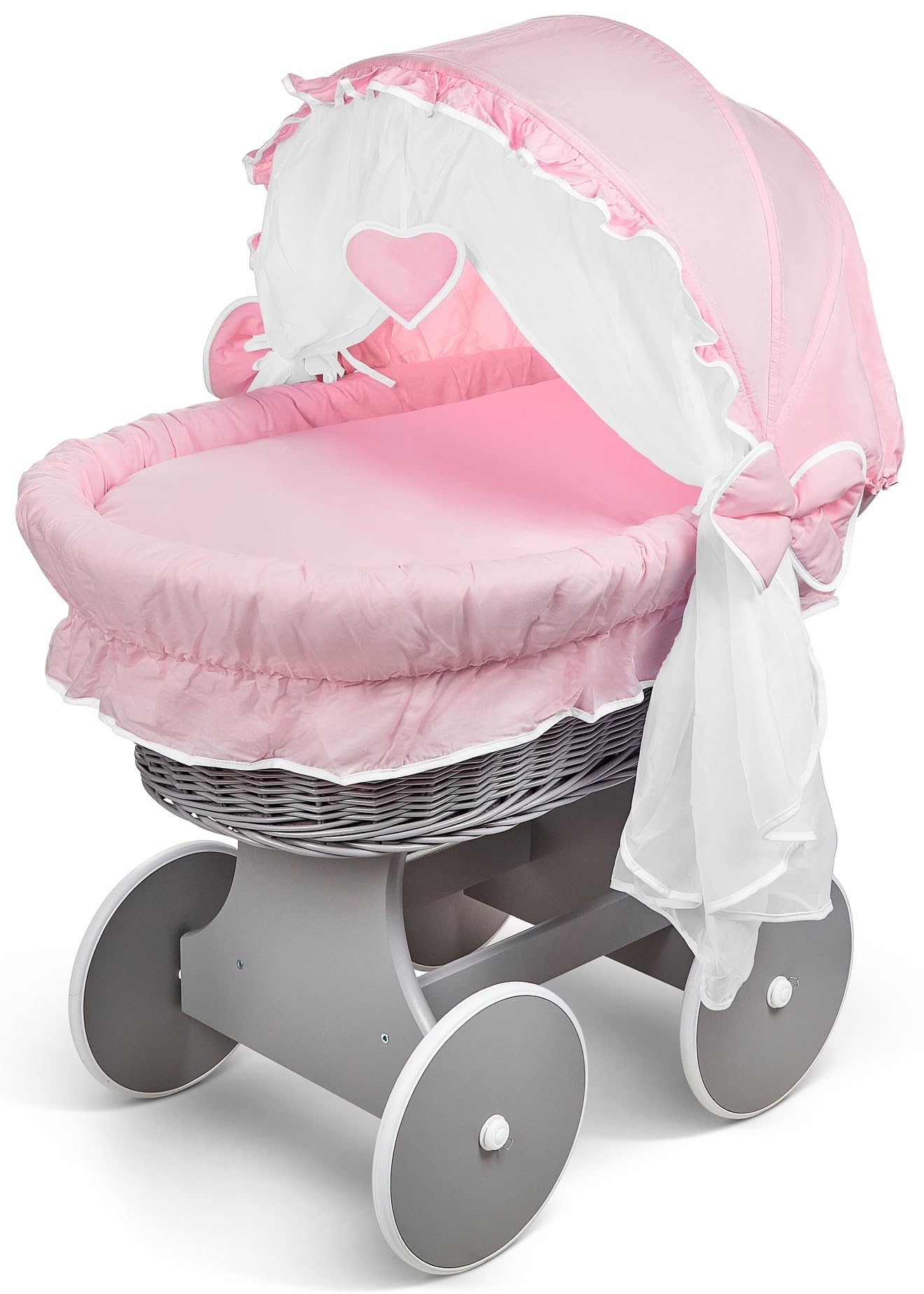 Hooded Wicker Wheel Baby Moses Basket Bassinet Crib with Full Cotton Bedding Set Liner Cover and Mattress - Grey/Pink