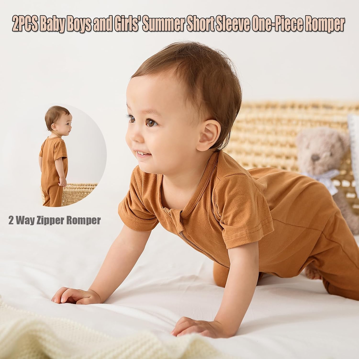 Feidoog Toddler 2 Pack Baby Zipper Rompers Cotton Short Sleeve One Piece Jumpsuit Outfits