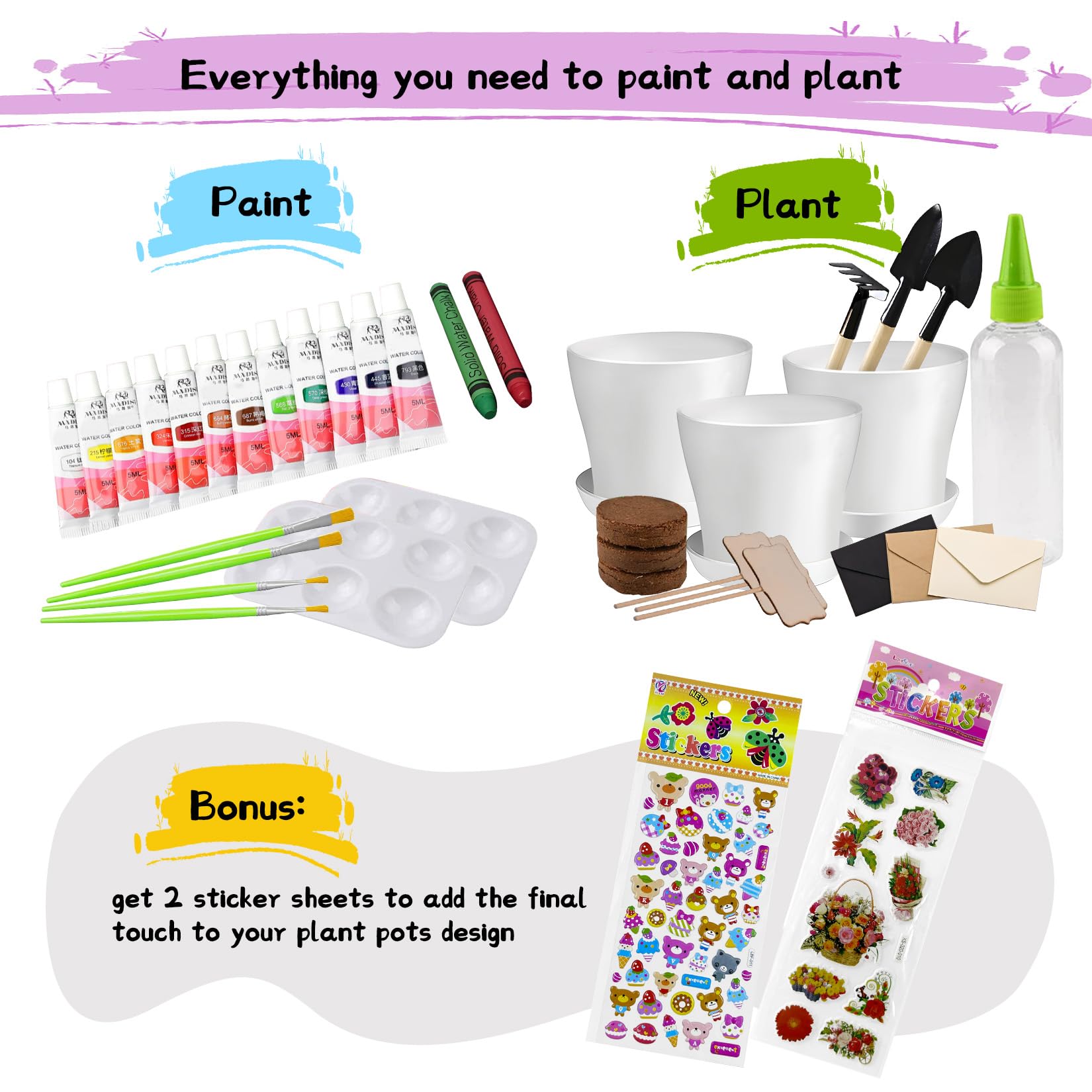 Kit di Giardinaggio per Bambini Pittura e Piantagione Giocattolo Fiori per Ragazze e Ragazzi, Regalo Vasi per Fiori Artigianato Set Coltivare e Piantare per Bambini di 4 5 6 7 8 9 10 11 12 13 14 Anni