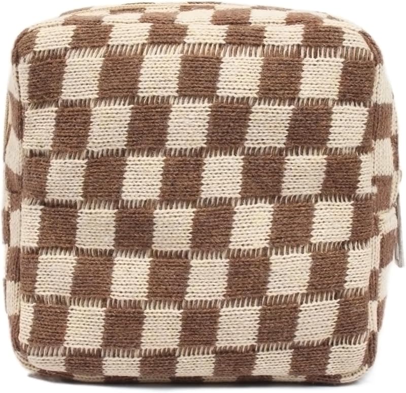 Necessaire de Maquiagem FFpaw Marrom Mini com Zíper e Estampa Xadrez, Pacote com 1
