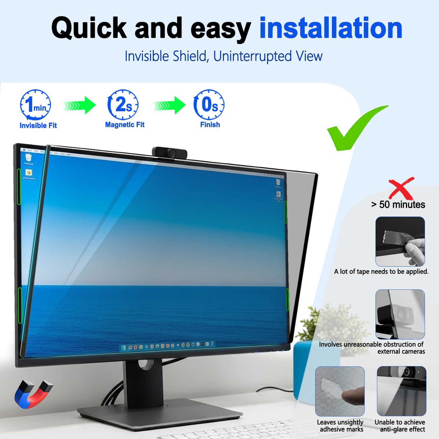 23.8 Zoll Monitor Magnetisch Blickschutzfolie 16:9 Seitenverhältnis, Anti Blaulichtfilter, Anti Glare Folie, Blickschutzfilter für 23.8" Bildschirme, Abnehmbare Sichtschutzfolie für Computermonitore