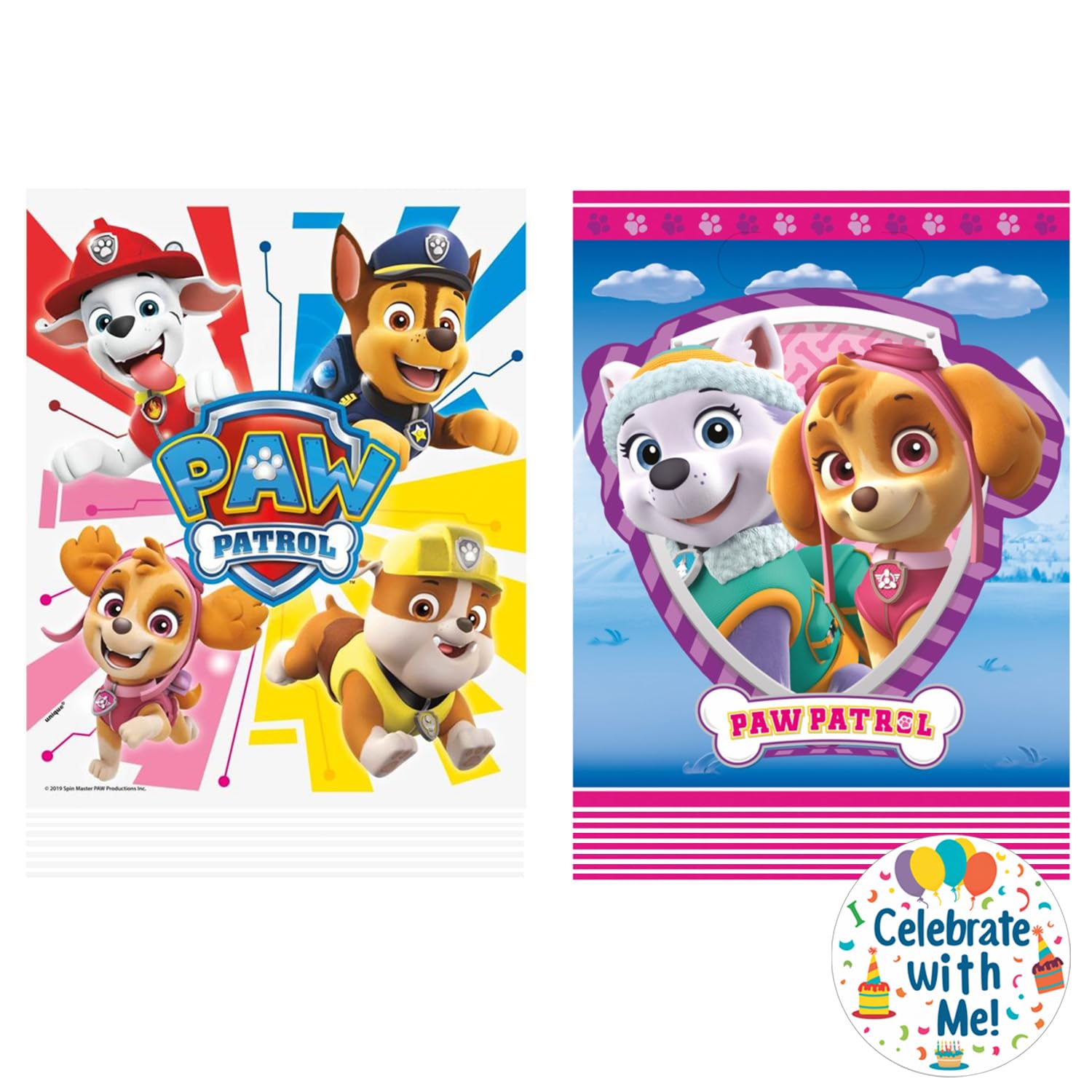 Unique Paw Patrol and Paw Patrol Girl Party Favor Bags 16 Loot Bags with Celebrate With Me Sticker | Kids Birthday Party Supplies