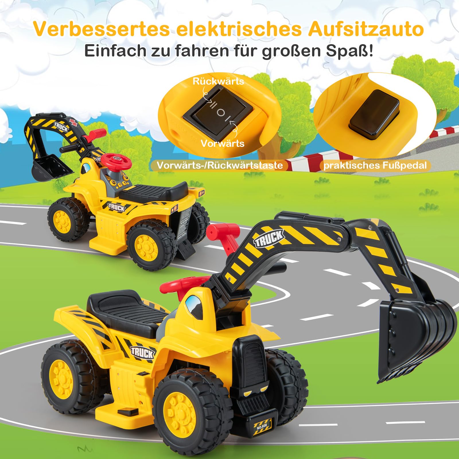 COSTWAY Elektro Bagger, Sitzbagger mit Hupe & Sound, für Kinder ab 2 Jahre | Stauraum unter den Sitz, Kinderbagger mit Basketballkorb, Bagger zum draufsitzen, 6V Sandbagger Aufsitzbagger, inkl. 3 Bälle