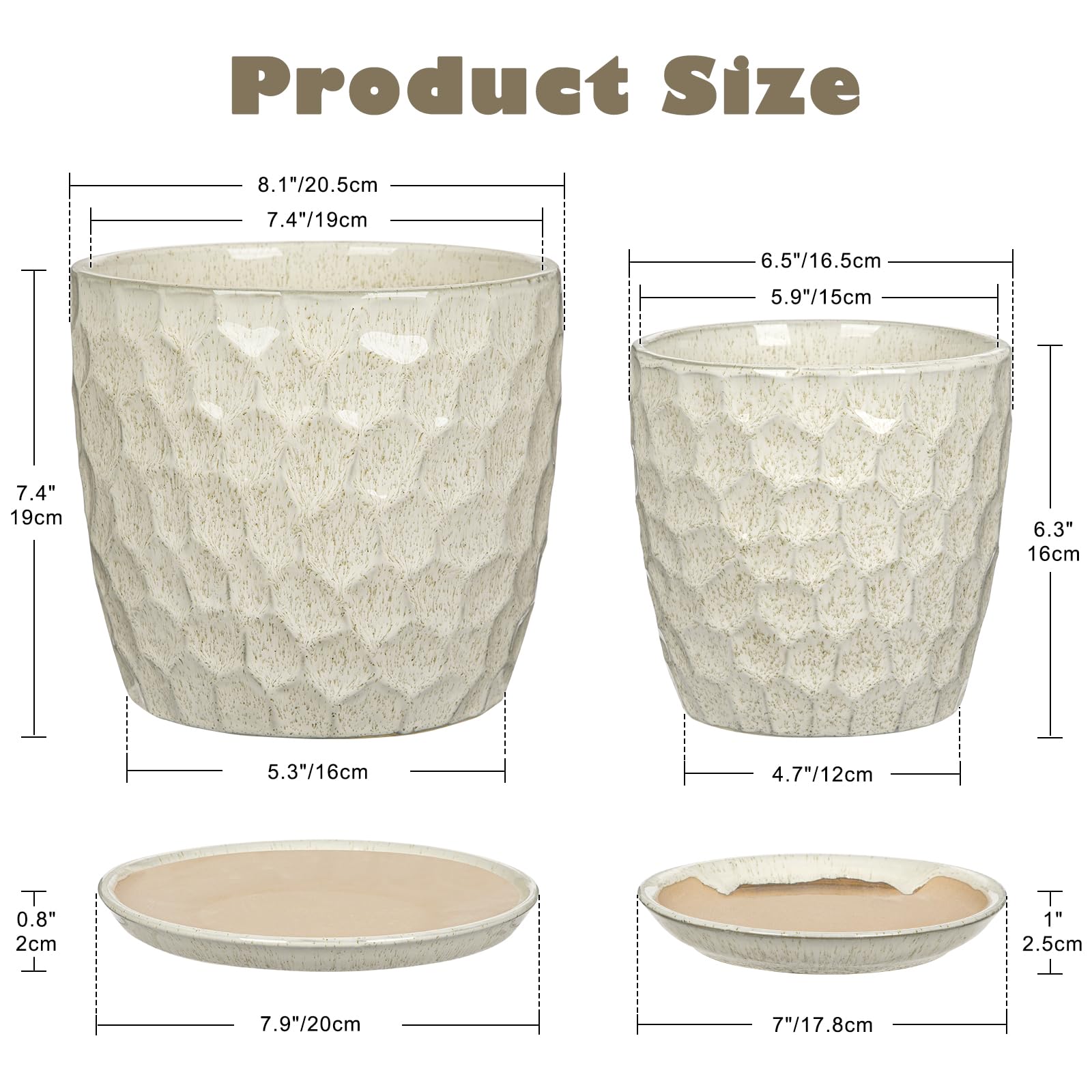 Zestaw doniczek o średnicy 15 + 19 cm, ceramiczna doniczka z podstawką i otworami drenażowymi, kremowo-biała, do użytku wewnątrz i na zewnątrz, doniczka na rośliny, nowoczesna, klasyczna