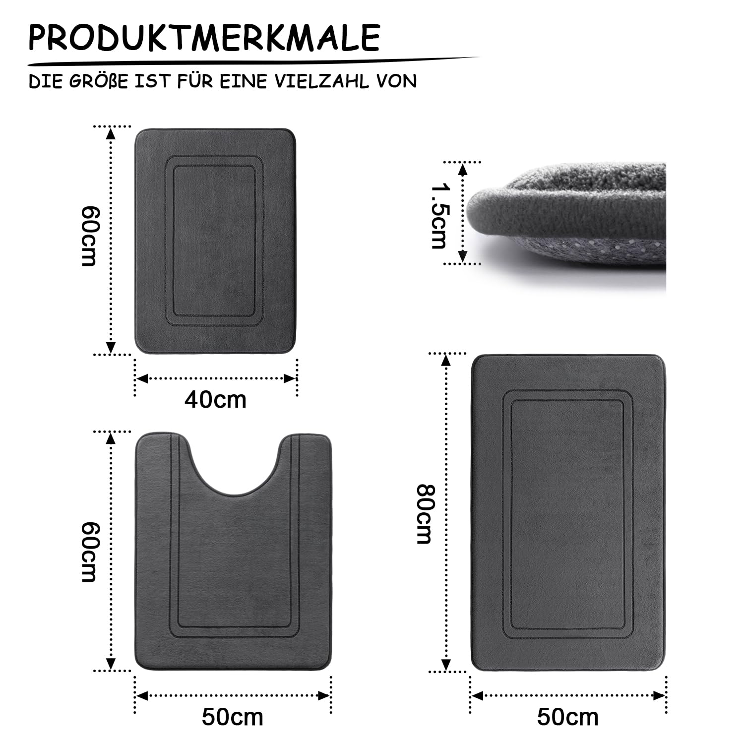 chakme Badezimmerteppich Set 3 Teilig, Weiche Memory-Schaum Badematte und U Förmige wc Vorleger, Badteppich rutschfest Waschbar Badvorleger Set Dunkelgrau