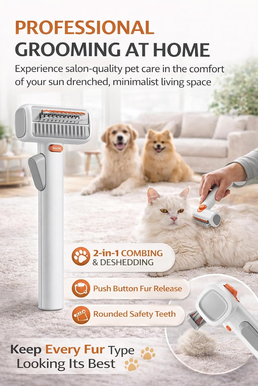 2-in-1 pet self detangling grooming comb for dogs & cats, Gentle Undercoat Rake & Brush for Long or Short Hair, Removes Mats, Tangles & Loose Fur (3PCS)