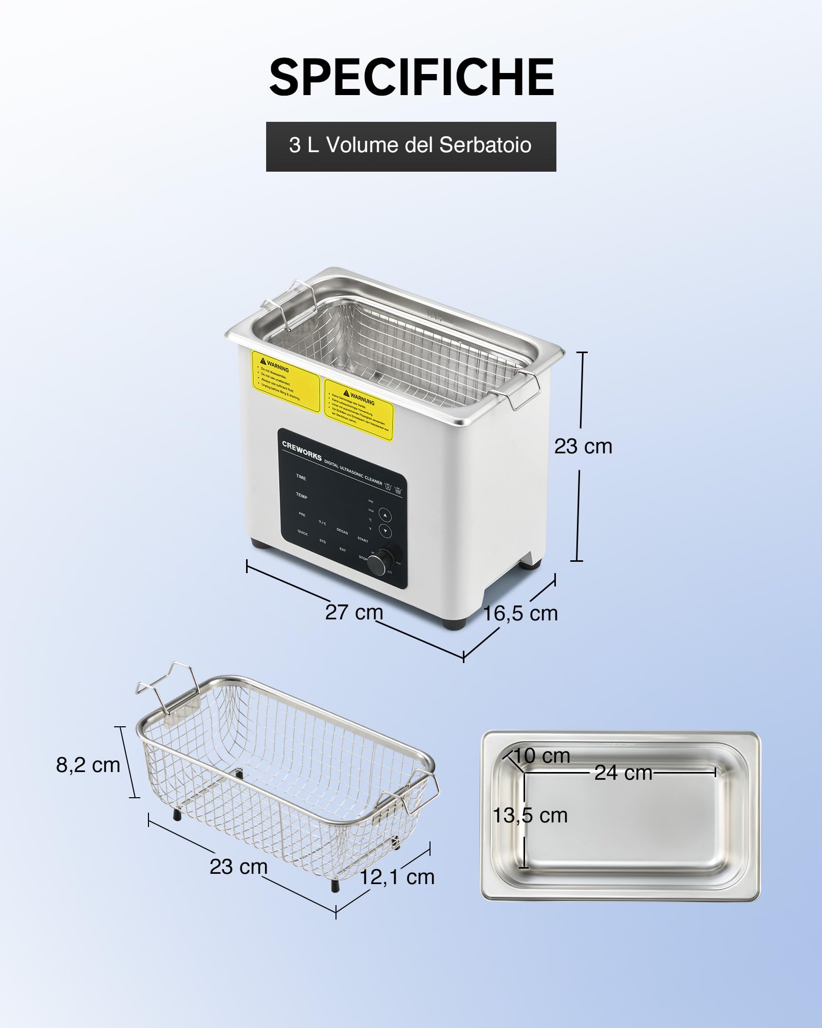 CREWORKS 3L Pulitore Ultrasuoni Digitale 120W Vasca Ultrasuoni con Modalità Degas e 7 Livelli di Oscillazione 3 Modalità 100W Riscaldatore e Timer per Orologi Occhiali Uso Domestico