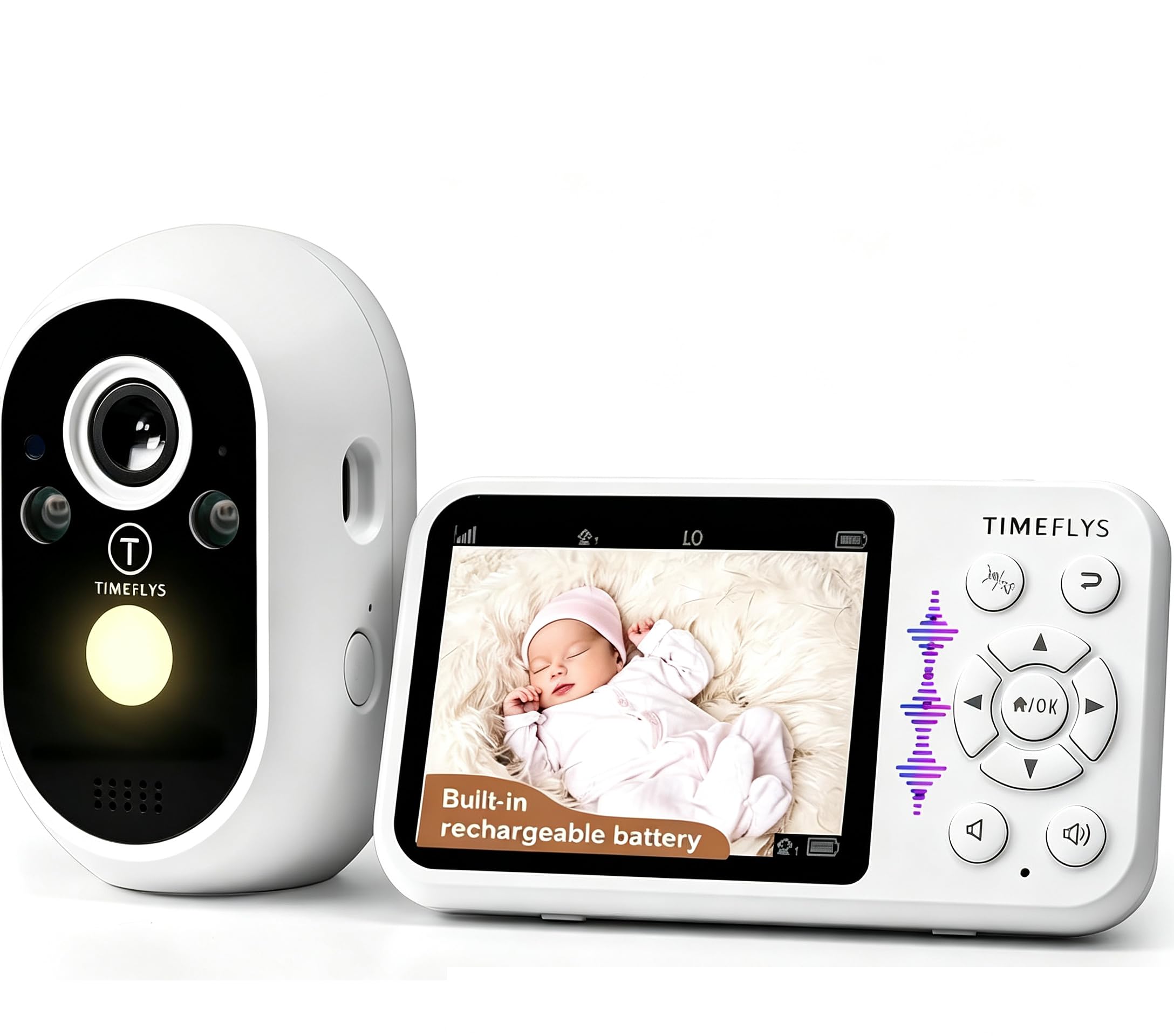 TimeFlys Vigilabebés con cámara, batería incorporada, visión nocturna, audio de 2 vías, 8 canciones de cuna, zoom 2x, alarma Vox, 8 canciones de cuna, soporte de pulpo, no requiere wifi