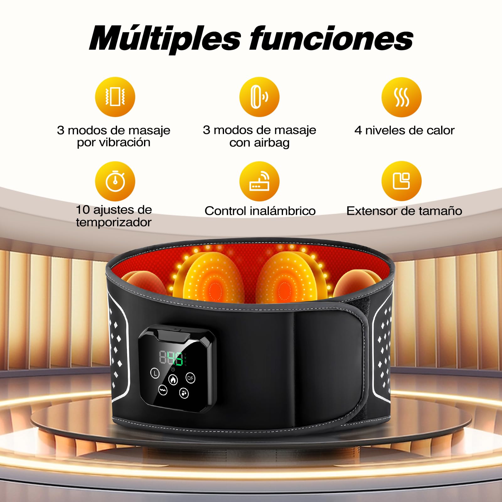 Cinturón de Masaje Lumbar con Calor Inalámbrico, Cojín Térmico Eléctrico con 3 Modos de Masaje por Aire y 4 Niveles de Temperatura para Aliviar el Dolor de Espalda, Ciática y Estrés