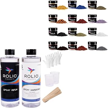Rolio Mica Powder, 10g, 12 Jars - Pearlescent Color Pigment Earth Colors and Epoxy Resin and Hardener 32 oz Kit with 4pcs Sticks, 2pcs Graduated Cups, 4 Pairs Gloves