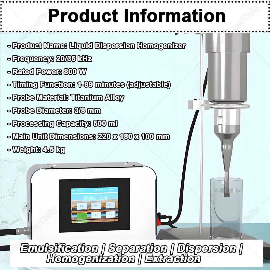 Omogeneizzatore Processore,Emulsionazione Mixer Laboratorio 35kzh3mm | con Sonda Titanio,Timer 1-99 Minuti (Regolabile),Ad Alta Efficienza,Visuelle Parameterkontrolle,per Campioni Grandi Volumi