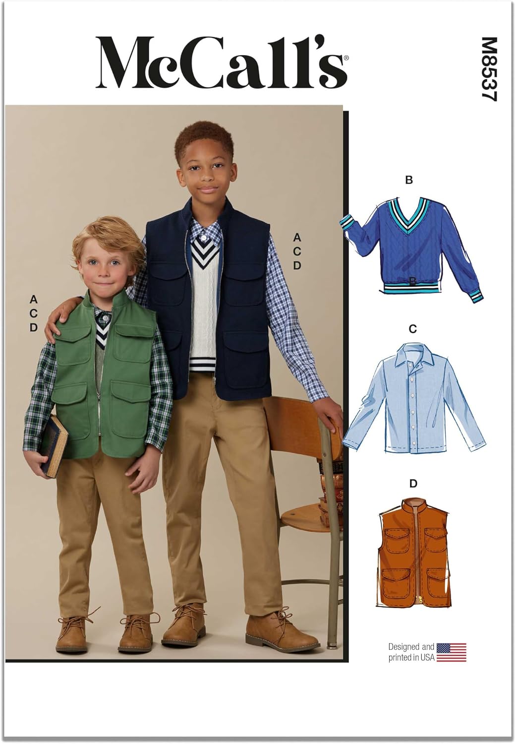 McCall's M8537K5 Boys’ Vests, Top and Shirt Sewing Pattern Packet, Design Code M8537, Sizes 7-8-10-12-14