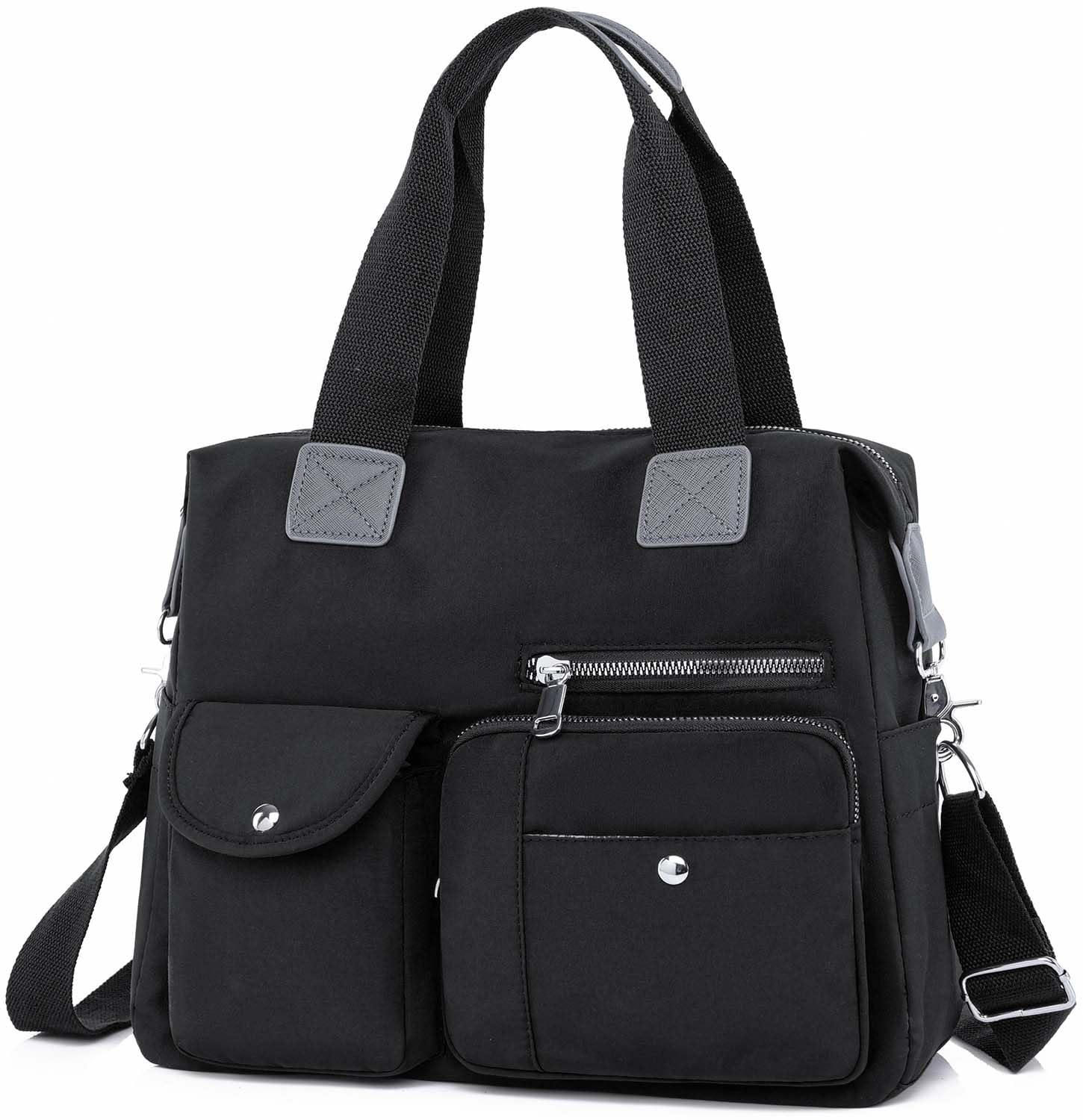 Kecartu Women Utility Tote Bag Teacher Purses and Handbags for Nurses Waterproof Nylon Multi Pocket Shoulder Bags Work Bag Tote, Black, L