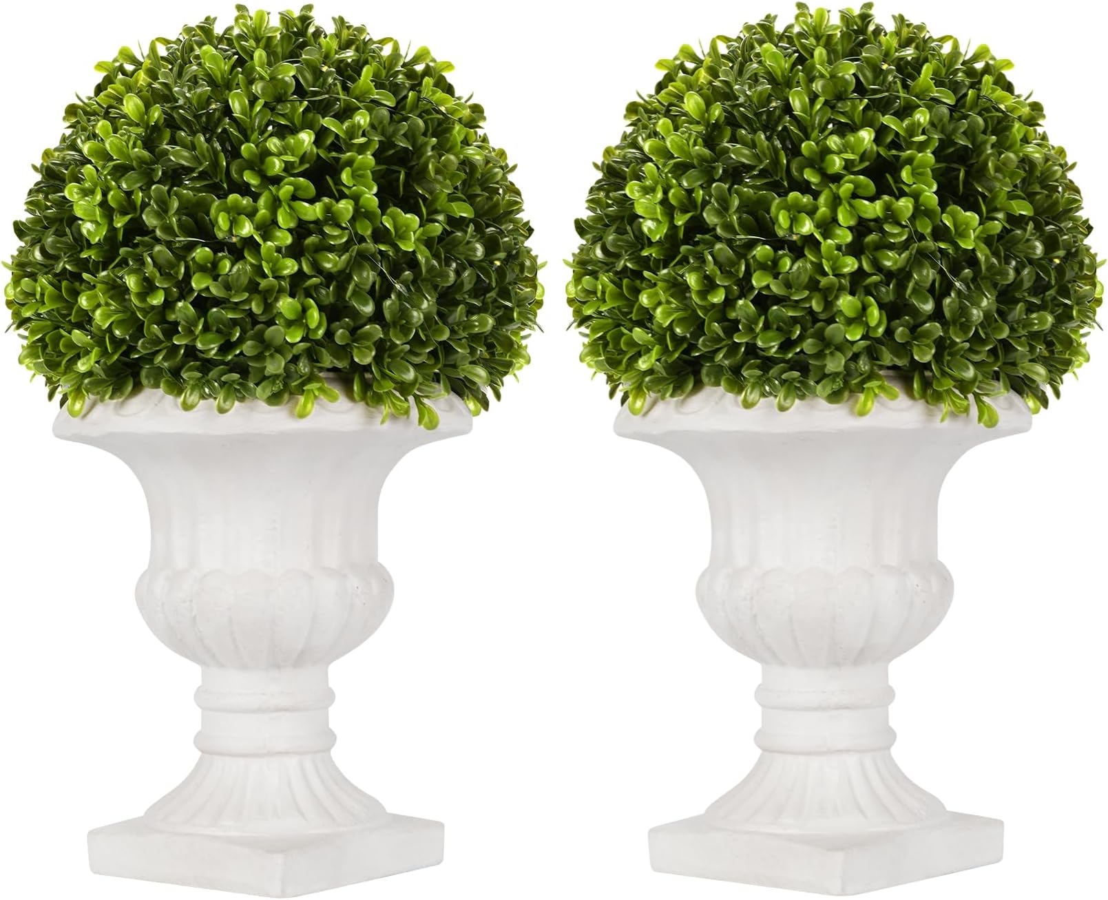 2 Pack Artificial Boxwood Topiary Ball with Lights in Urn Container, 13" Topiary Centerpiece for Home Décor, Mini Fake Plant Greenery Arrangement