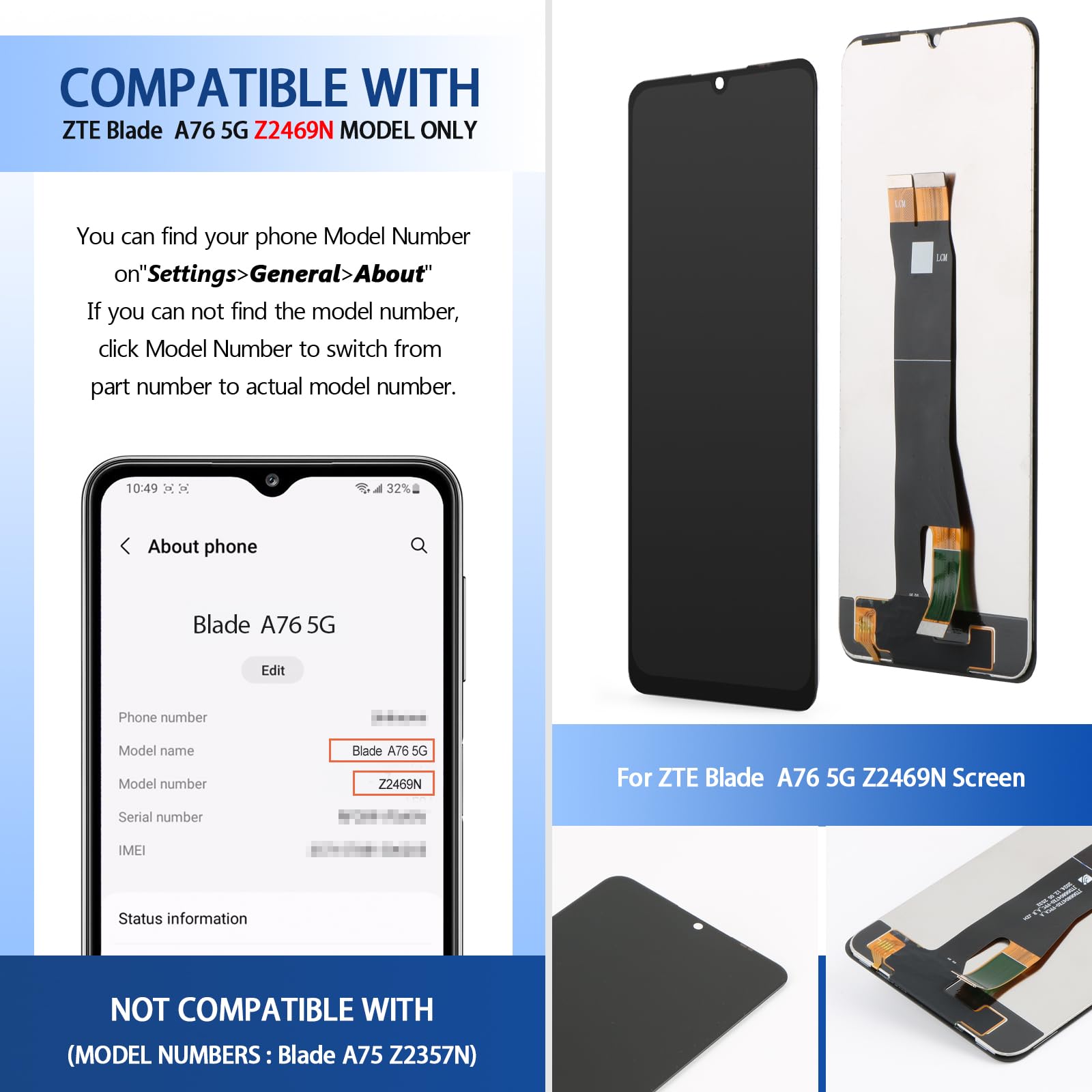 Schermo per ZTE Blade A76 5G Z2469N Display Digitalizzatore Touch Screen LCD per ZTE Blade A76 5G Schermo LCD Display + Kit di Riparazione (Noir)