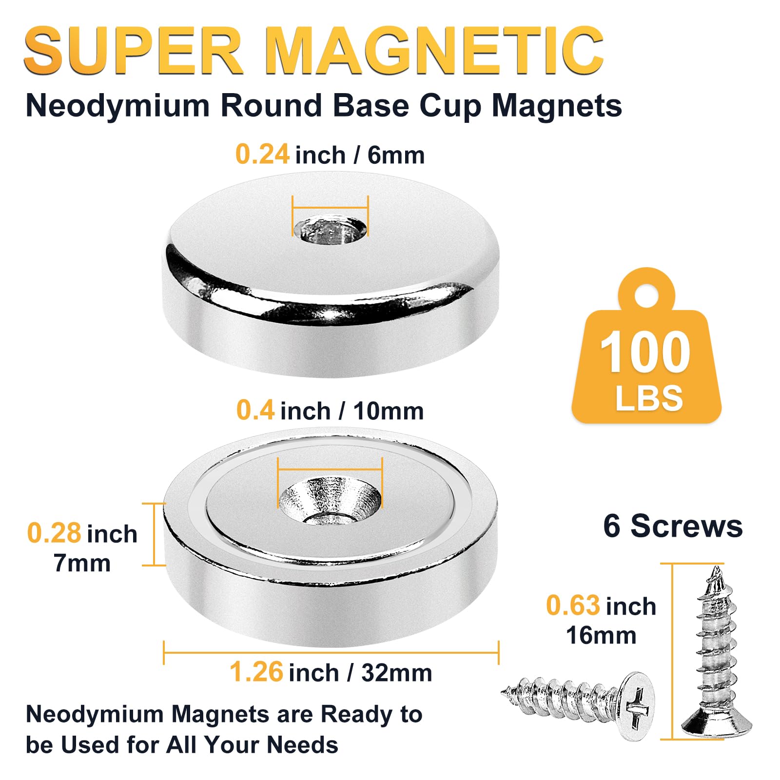 UCINNOVATE Strong Neodymium Round Base Cup Magnet 95 lbs Holding Force, 1.26 inch Round Rare Earth Pot Magnets with Screws for Home Kitchen Workplace